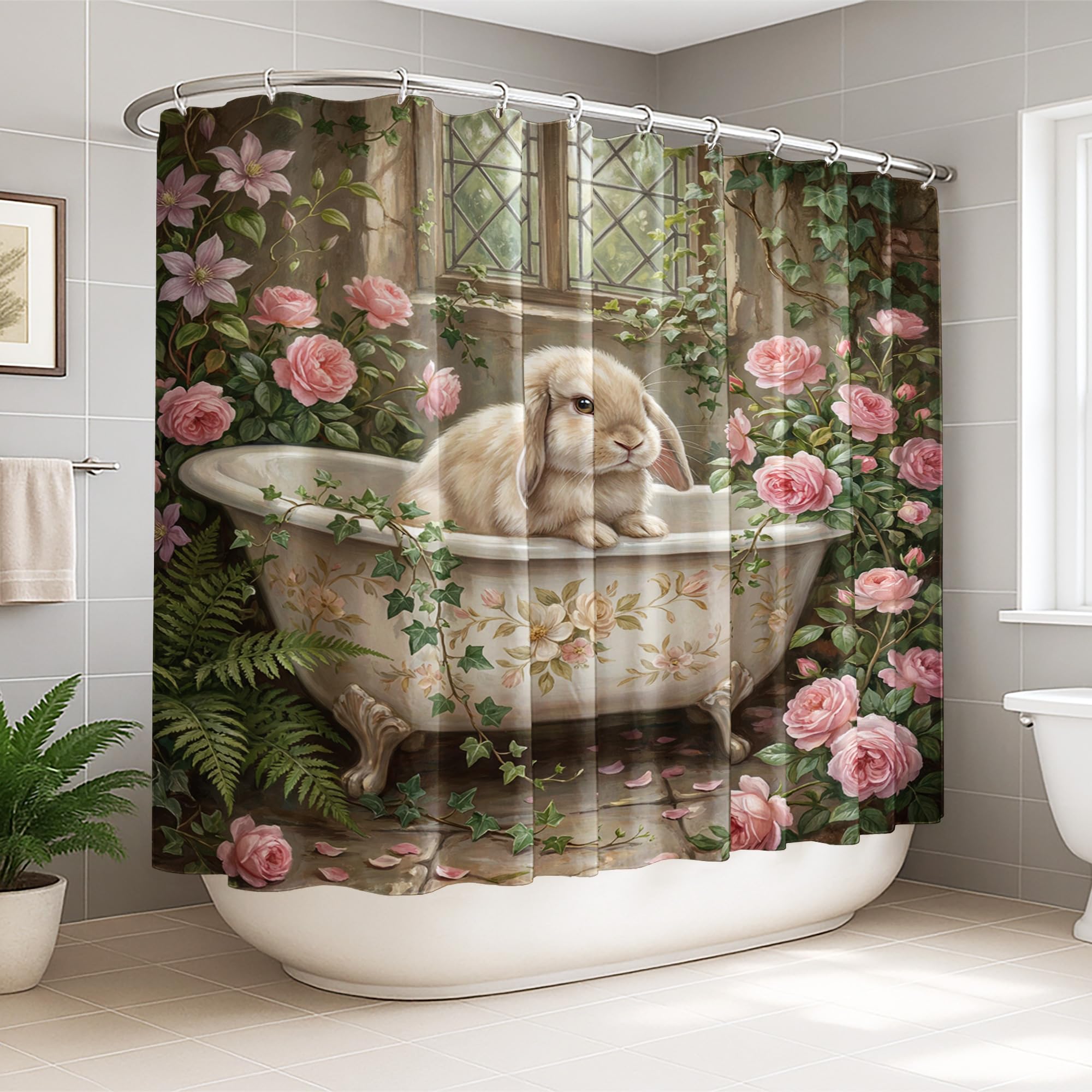 Rideau de douche lavable grand format motif lapin lierre et roses