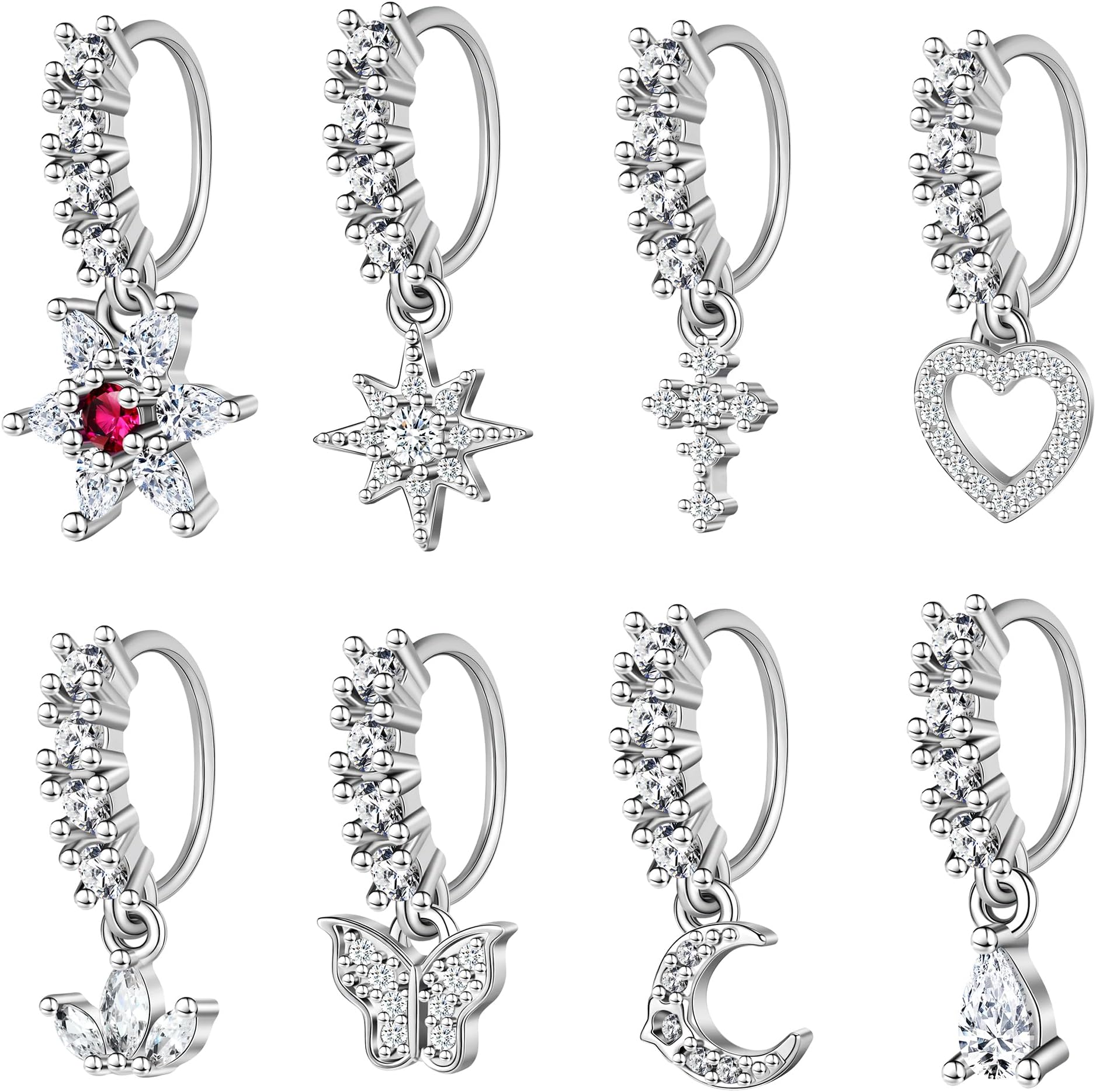 6ixGoshDangle Nose Rings Hoop for Women Septum Nose Piercing Jewelry Cartilage Earring CZ Flower Leaf Star Butterfly Daith Tragus Helix Lip Piercing, Silver Gold Rose Gold
