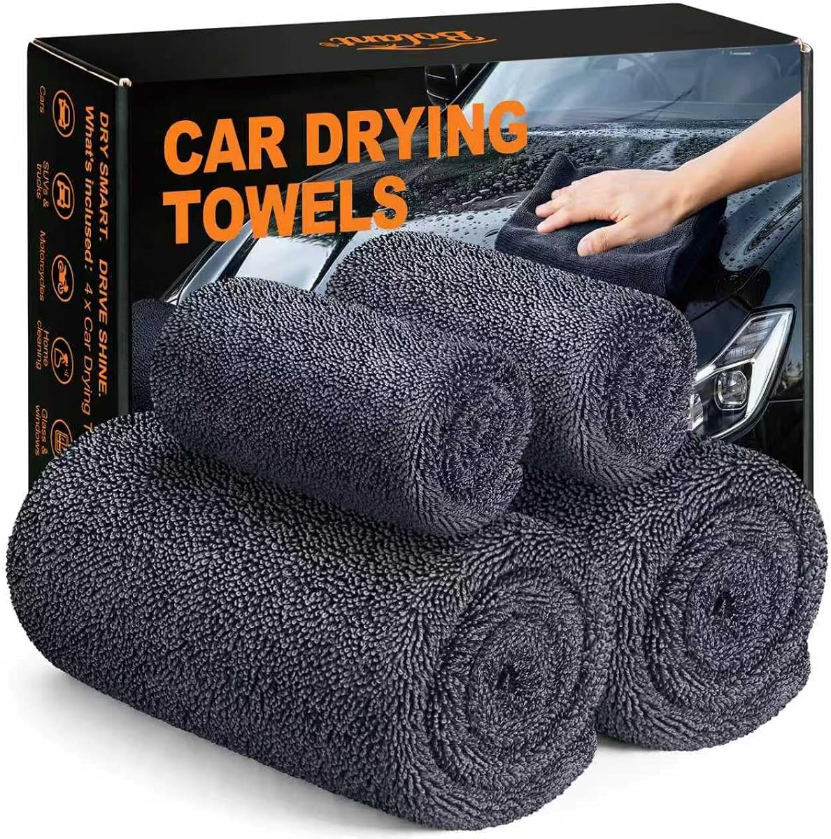 Toallas para secar el automóvil - Paquete de 4 paños de microfibra con bucle trenzado de 24 x 36 pulgadas | Incluye cuatro toallas de microfibra reutilizables de bucle trenzado de 24 x 36 pulgadas para secar automóviles, botes y vehículos recreativos después del lavado o en casa.