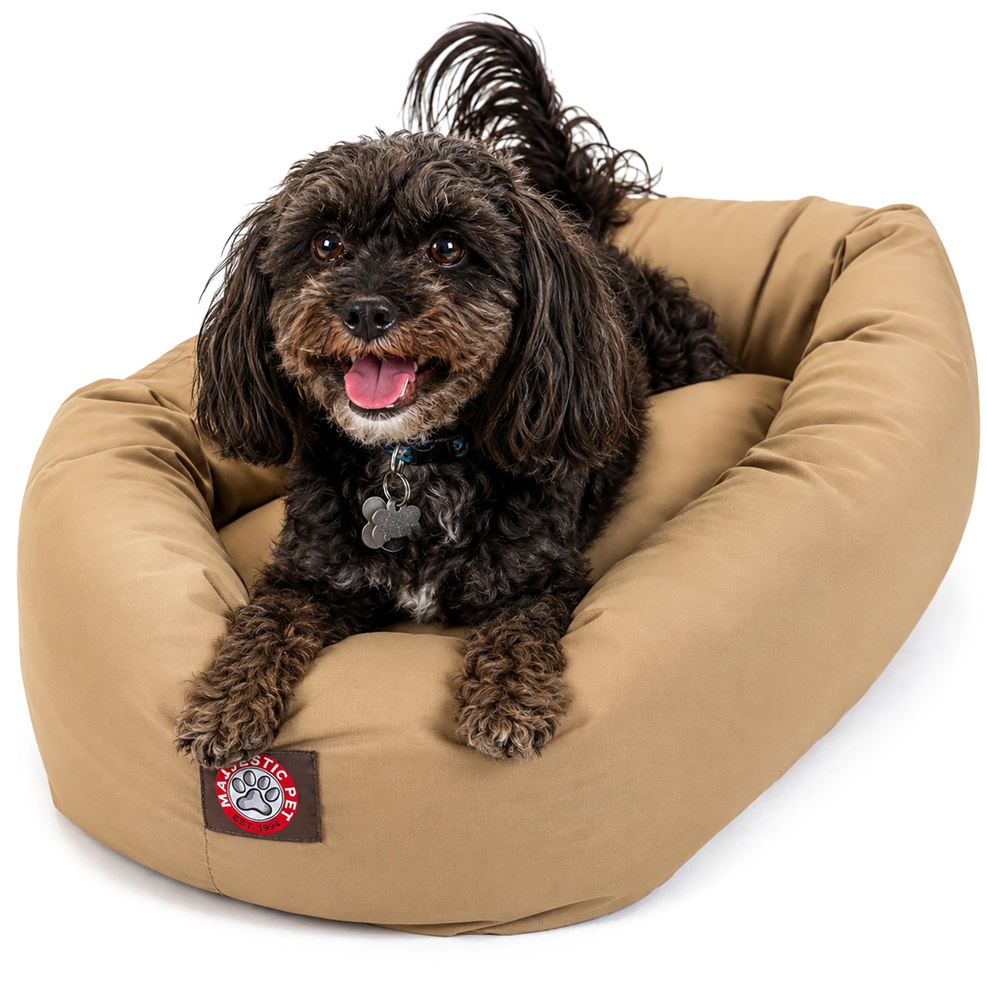 Majestic Pet 24 Inch Bagel Calming Dog Bed Washable – Cozy Soft Round Dog Bed with Spine Support for Dogs to Rest Their Head - Fluffy Donut Puppy Mat 24x19x7 (Inch) Small – Khaki