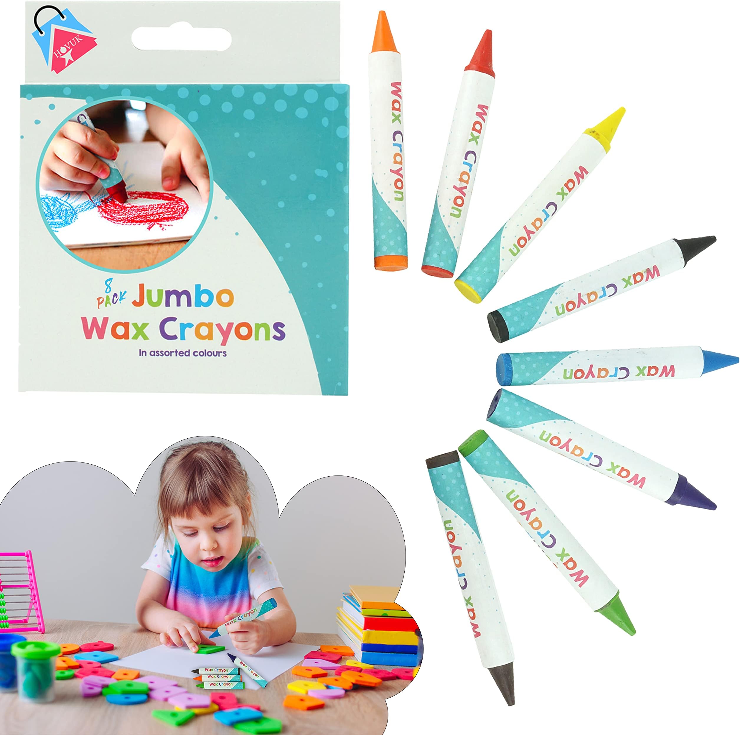 HOVUK® Kids Jumbo Wax Crayons Safe, Non Toxic Toddler First Crayons Easy Grip Art Craft and, Learning Drawing Pen Stackable Toys, Decorative Easter Toys for Baby (Jumbo Wax Crayons-8 Pack)