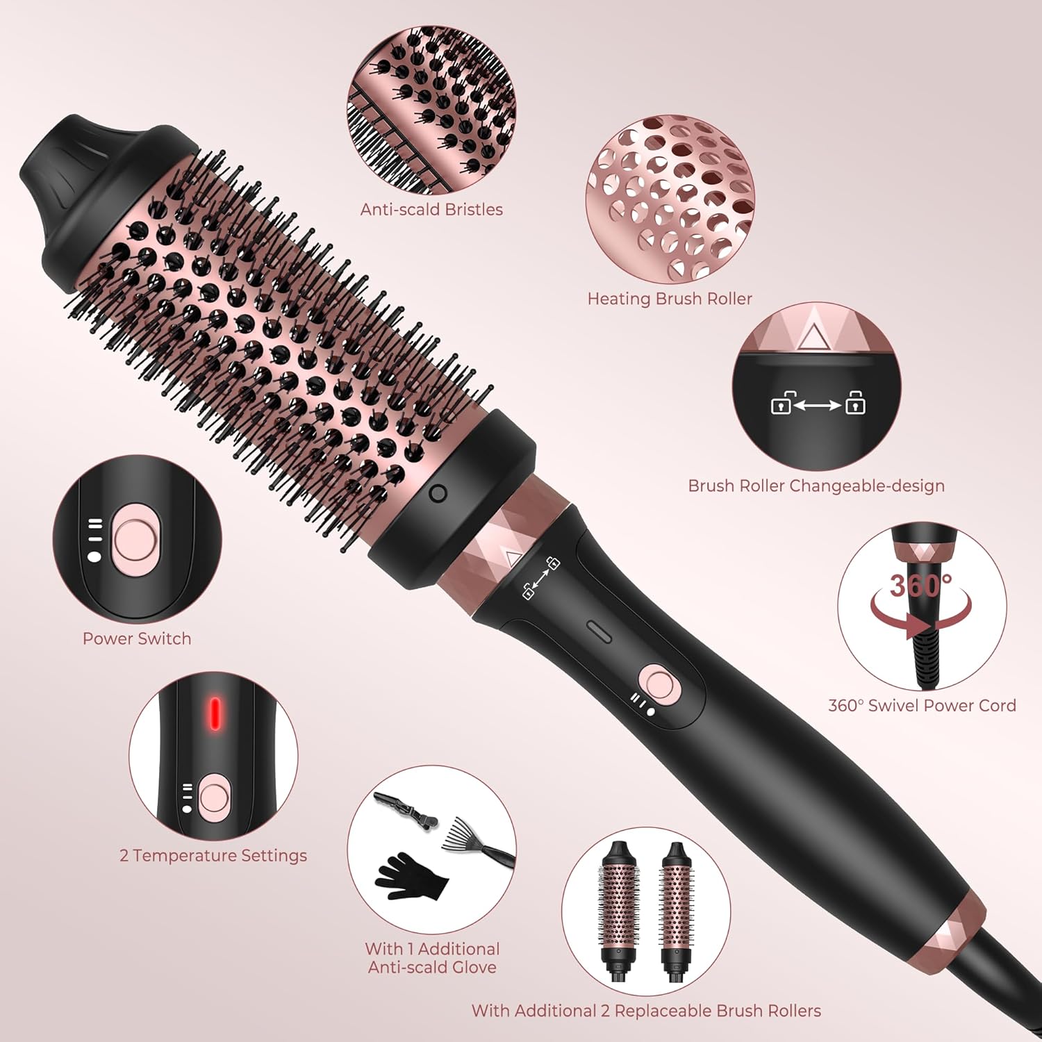 3 in 1 Thermal Brush, 3 Temp Up to 410°C Curling Curling Iron, 1.25/1.5/1.75" Detachable Thermal Round, Ceramic Tourmaline Heater, 110-220V Travel Heated Round Hair Styling Tools