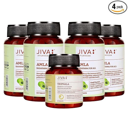 Jiva Amla Tablets, Rich Source of Vitamin C - 120 tablets, Pack of 4 with Triphala Tablets - Promotes Gut Health - 60 Tablets