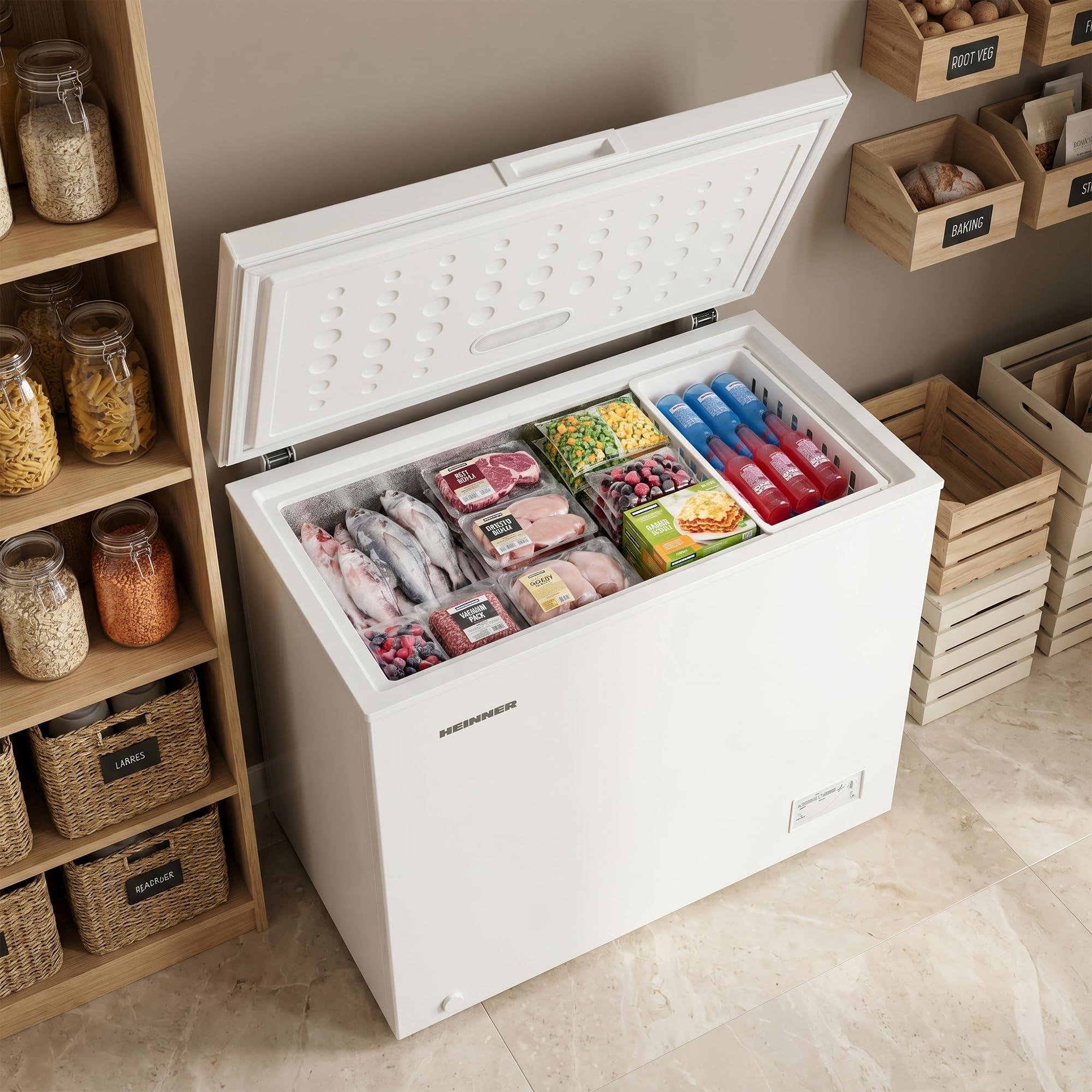 HCF-200CNHE++ Gefrierschrank – 200 L Nutzvolumen, Energieeffizienzklasse E, LED-Innenbeleuchtung, Verstellbare Fächer, Reversible Türen, Weißes Design, Leiser Betrieb – 5 Jahre Garantie