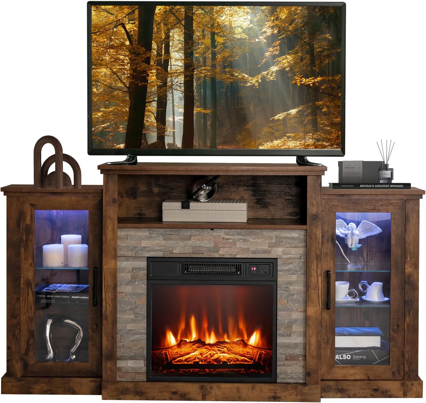 COSTWAY Electric Fireplace TV Stand for TVs Up to 65 Inches, 18-inch Fireplace Insert with APP Control, Remote Control, 16 Color Lights, Wooden Entertainment Center with Adjustable Shelves, Brown