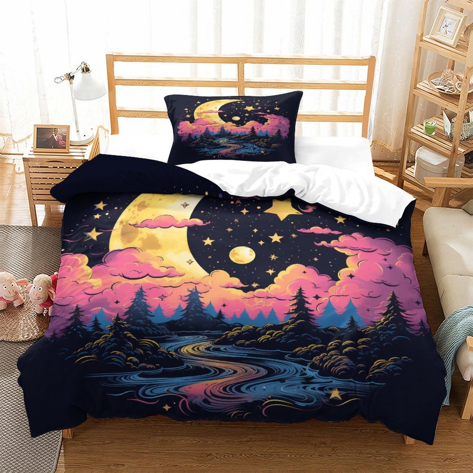 P1S9U7W5Y Starry Night 3D Printed Duvet Cover Set 3pcs Microfiber Moon Bedding Set Single
