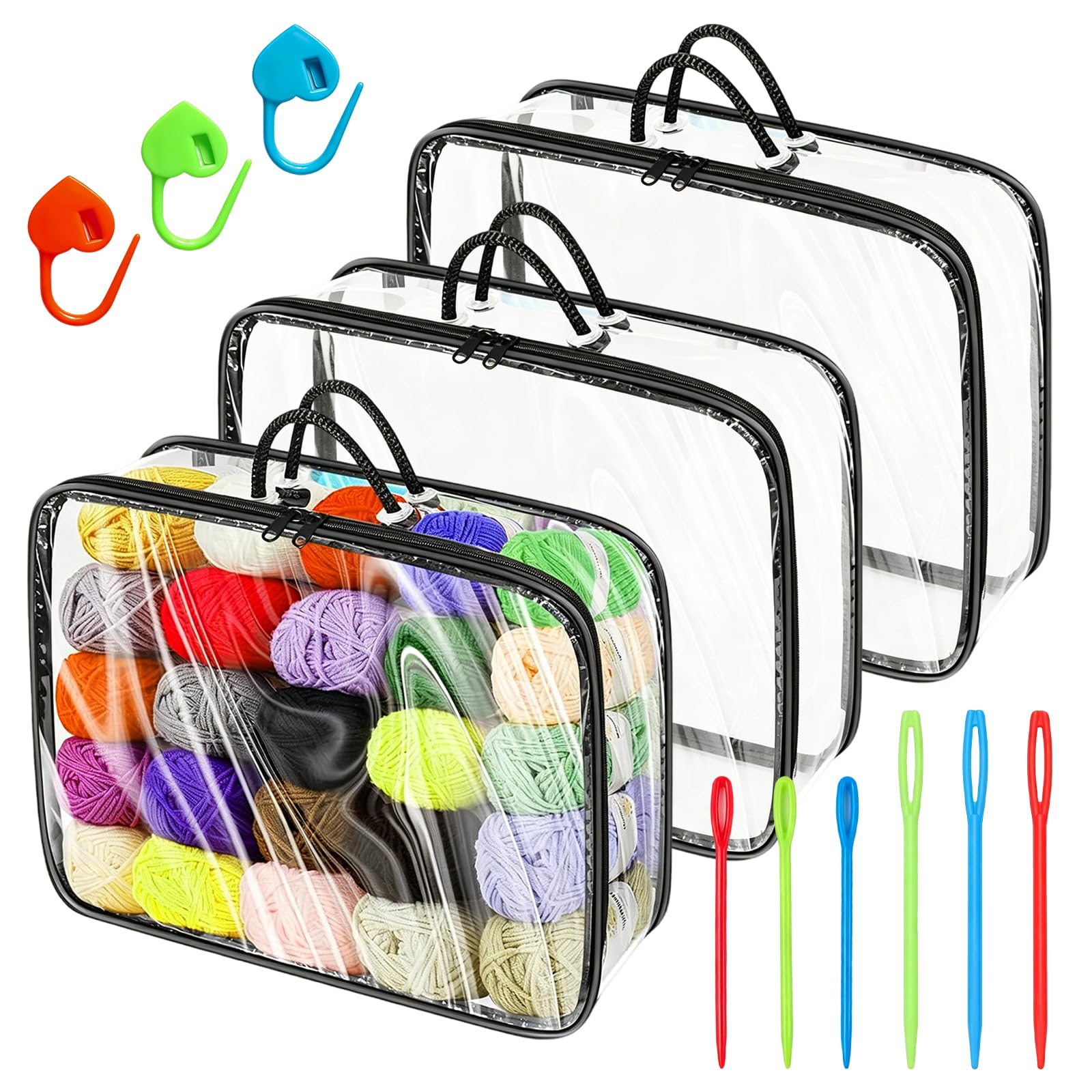 Gmbank Rainbow Clear Yarn Storage Organiser, 3Pcs Portable Yarn Storage Organiser Unit With Sewing Needles For Toys Yarns Clothes Clothes Crochet Bag For Saving Space, 40X30x10cm