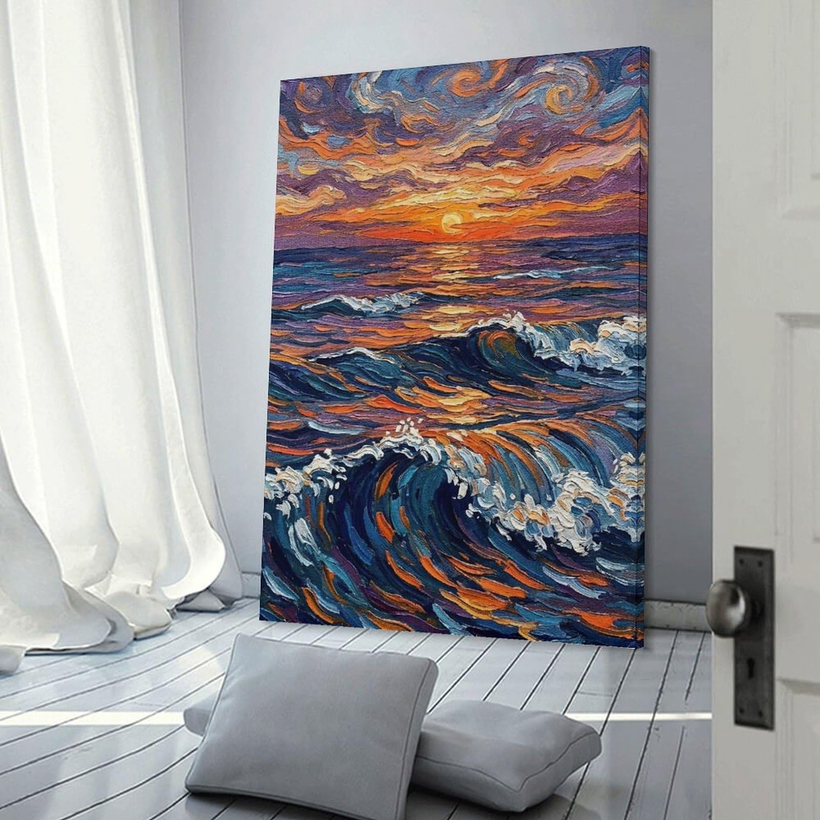 Junmoney Ocean Waves at Sunset Painting Wall Art Print, 20x30inch(50x75cm), for Workspace Walls, Study Corners Or Bedrooms, A Smart Decor Choice for Study Walls