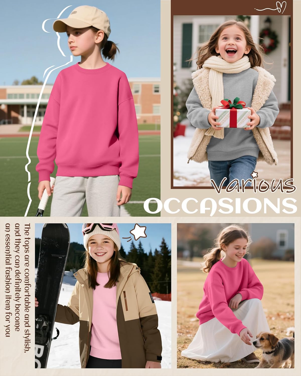 3 Pack Girls Long Sleeve Sweatshirts Crew Neck Kids Lightweight Tops Pullover Casual Loose Shirts for 5-14 Years - Image 5