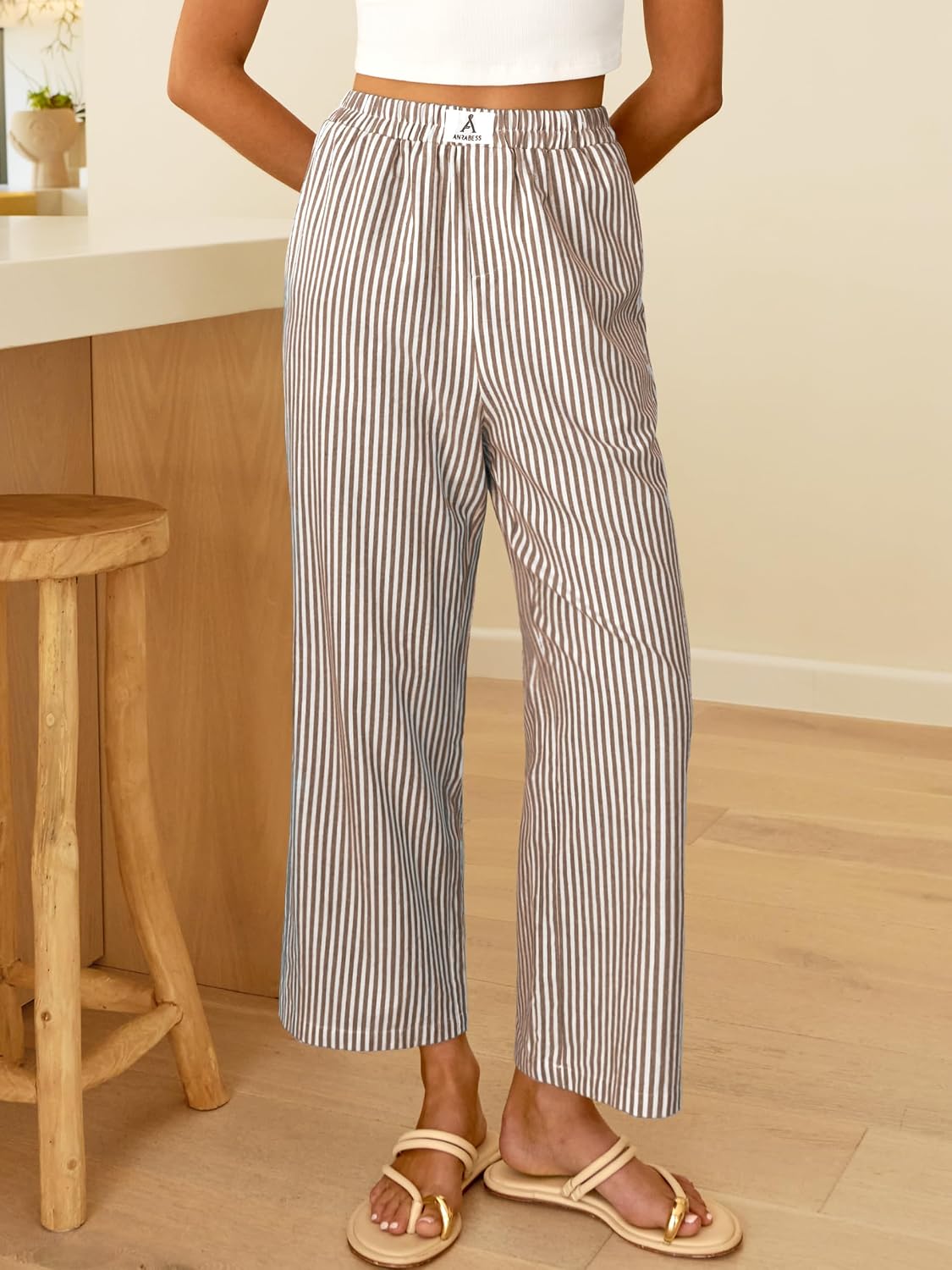 ANRABESS Womens Gingham Striped Pants, Palazzo & Cropped, Comfy & Cute, Lounge Pajama Plaid PJ Bottoms With Pockets