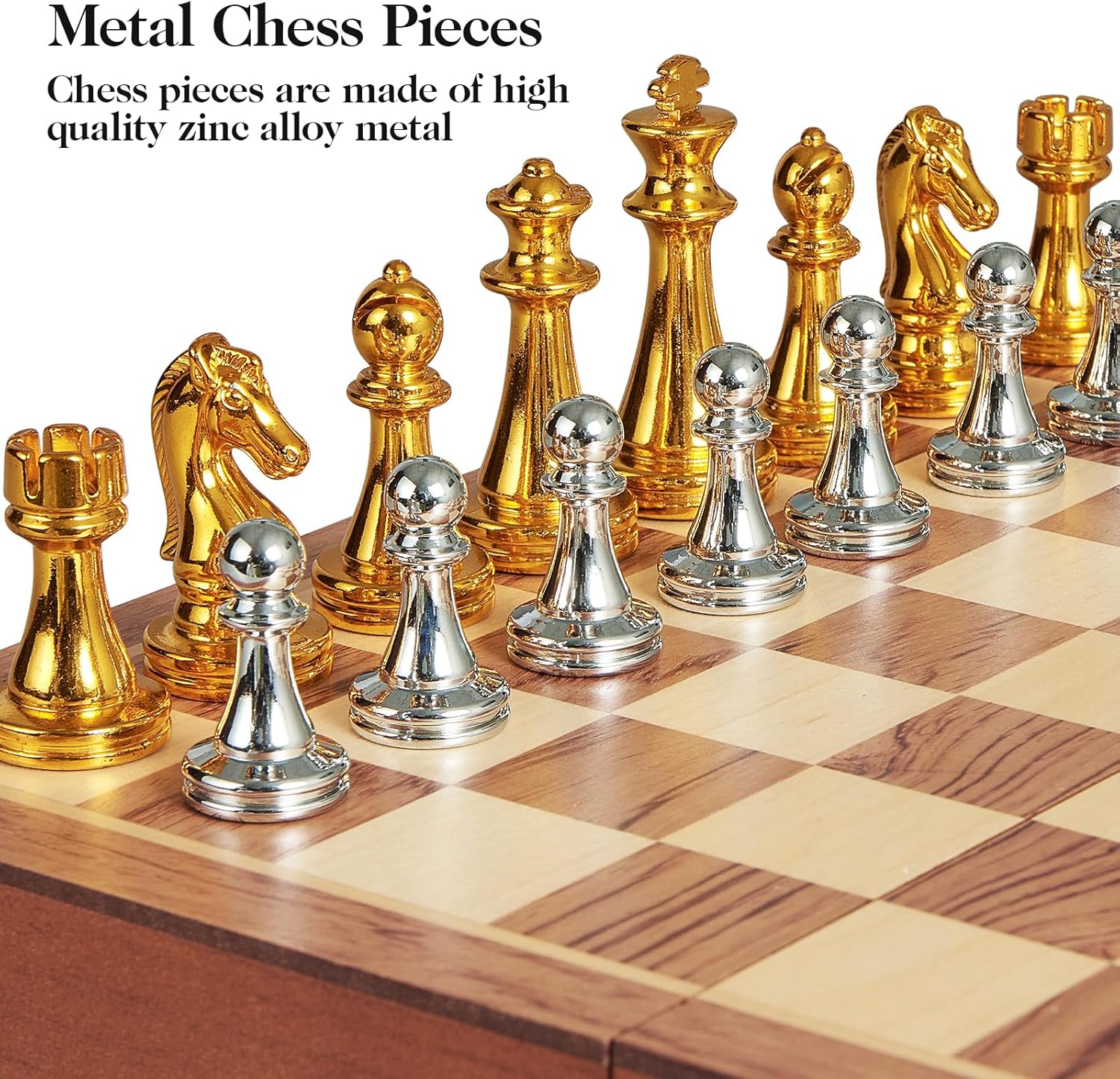 BIVOMON Metal Chess Set for Adults Kids, 12'' Folding Wooden Chess Board with Metal Chess Pieces, Handcrafted Portable Travel Chess Sets Game for Beginner, Professional (Weighted Non-Magnetic)