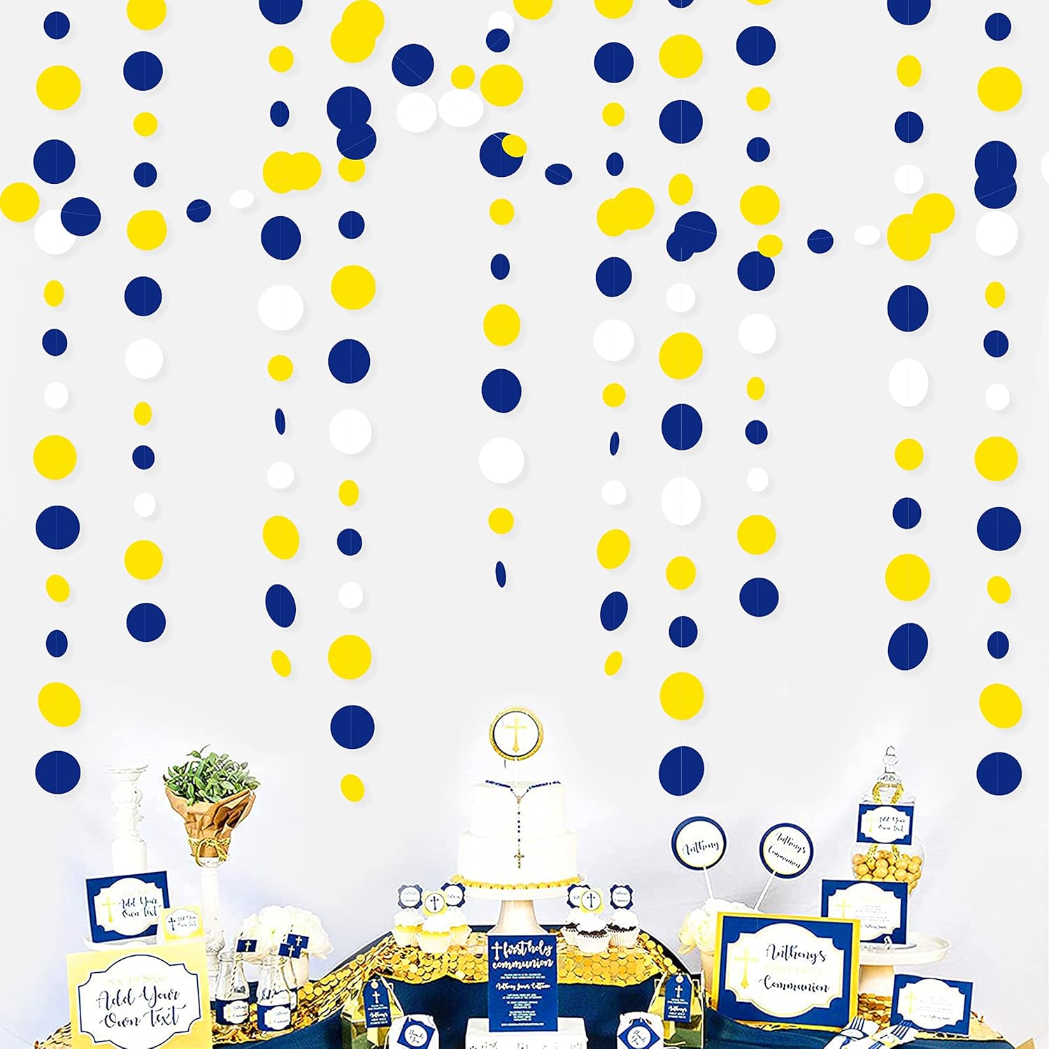 46Ft Yellow Navy Blue White Circle Dots Garland Party Decorations Hanging Paper Polka Dot Bunting Streamer for Birthday Graduation Wedding Bridal Baby Shower Nautical Ahoy Achor Home Kids Room Nursery