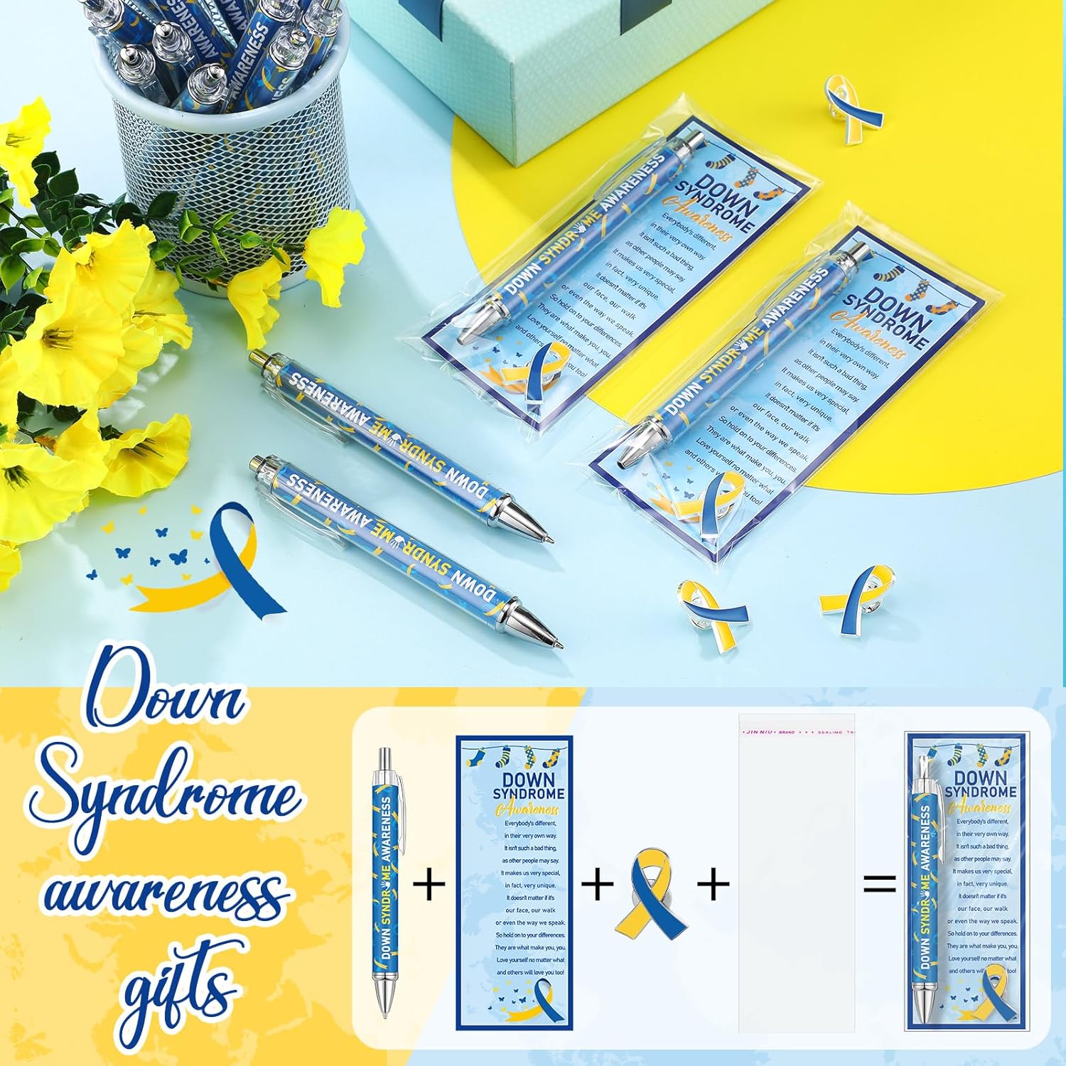 Sayglossy 200 Pcs Down Syndrome Awareness Gifts Bulk Include Blue Ballpoint Pens Blue and Yellow Ribbon Pins Inspirational Quote Bookmarks for School Office Charity Events Supplies