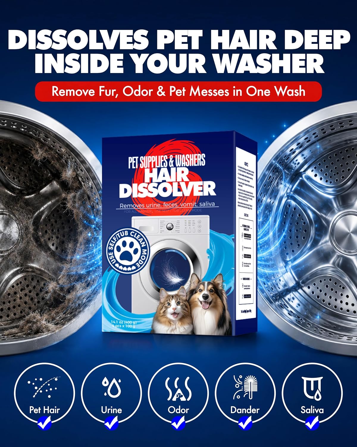 FURGONE Pet Hair Dissolver Washing Machine Cleaner, 95%+ Dissolving Powder