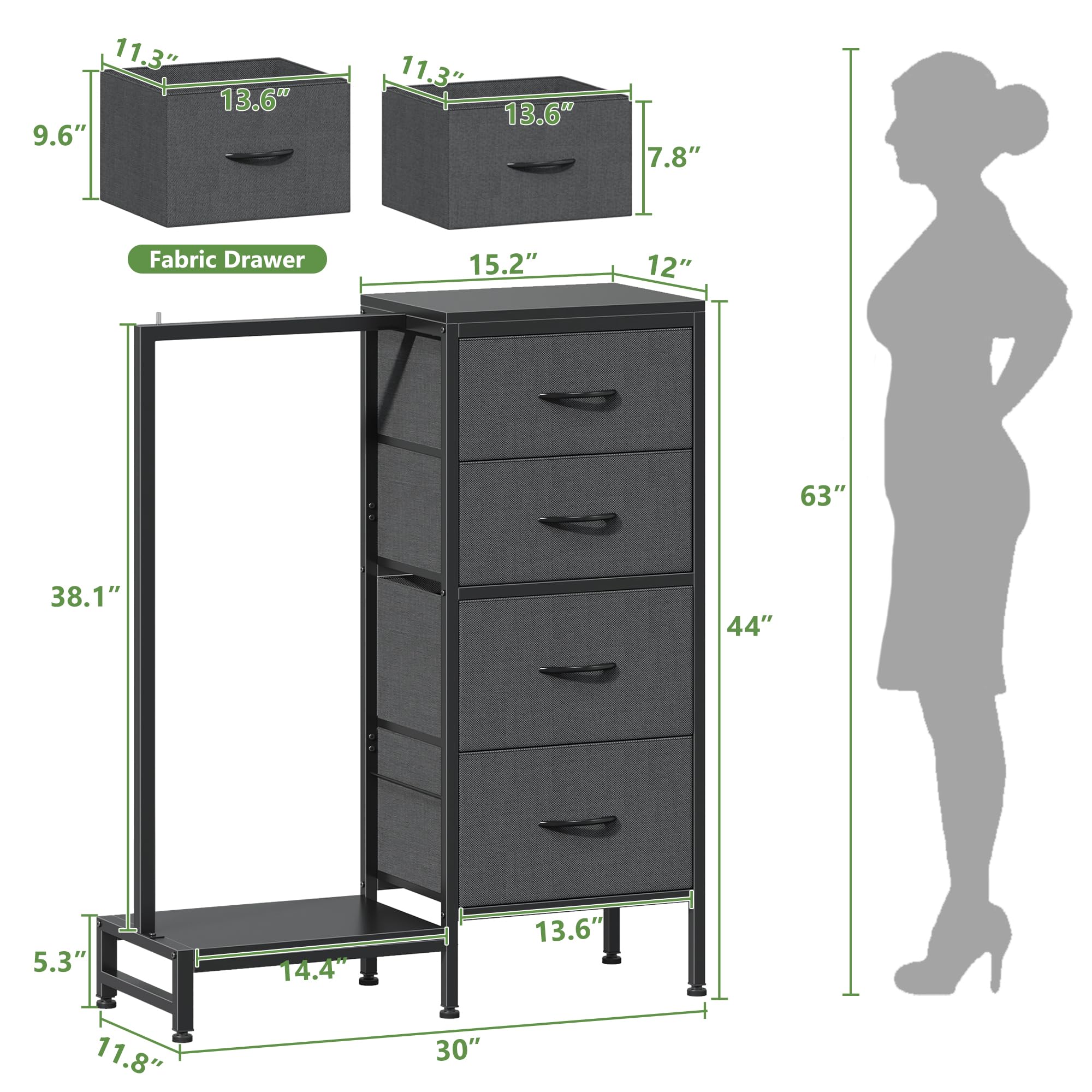 Cómoda con estante para colgar, armario pequeño de 4 cajones para dormitorio, cómoda de tela reversible para niños con perchero, torre de almacenamiento alta, marco resistente, gris, 44 6