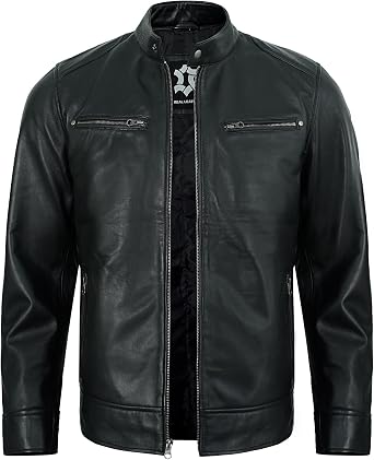 Leather Jacket Men - Casual Real Lambskin Cafe Racer Style Mens Leather Motorcycle Jackets