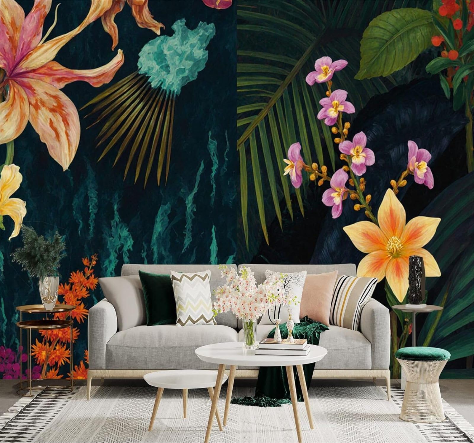XLMING Tropical Jungle Flowers Palm Leaves Dark 3D Wallpaper Silky Texture Home Study Office Grey Dining Room Sofa Bedroom Living Room TV Backdrop-350cm×256cm