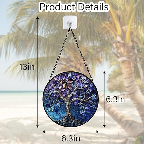 Miniatura 65 de Vidriera Colgante para Ventana, Colorido Árbol de la Vida Atrapasoles Panel de Vidrio Azul Decoración Atrapasol para Cumpleaños para Mujeres