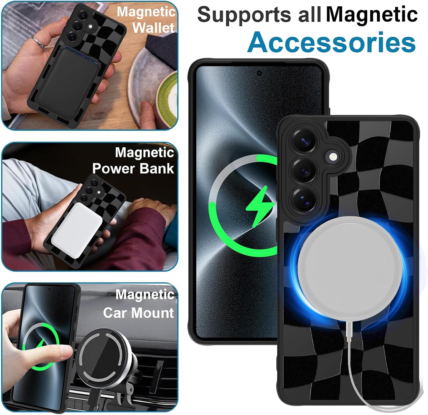 MZELQ Magnetic Case for Samsung Galaxy S26 Plus, Clear Checkered [Compatible with Magsafe Charging] Translucent Matte Hard Shockproof Camera Protection Cover for Women Men, Frosted Black