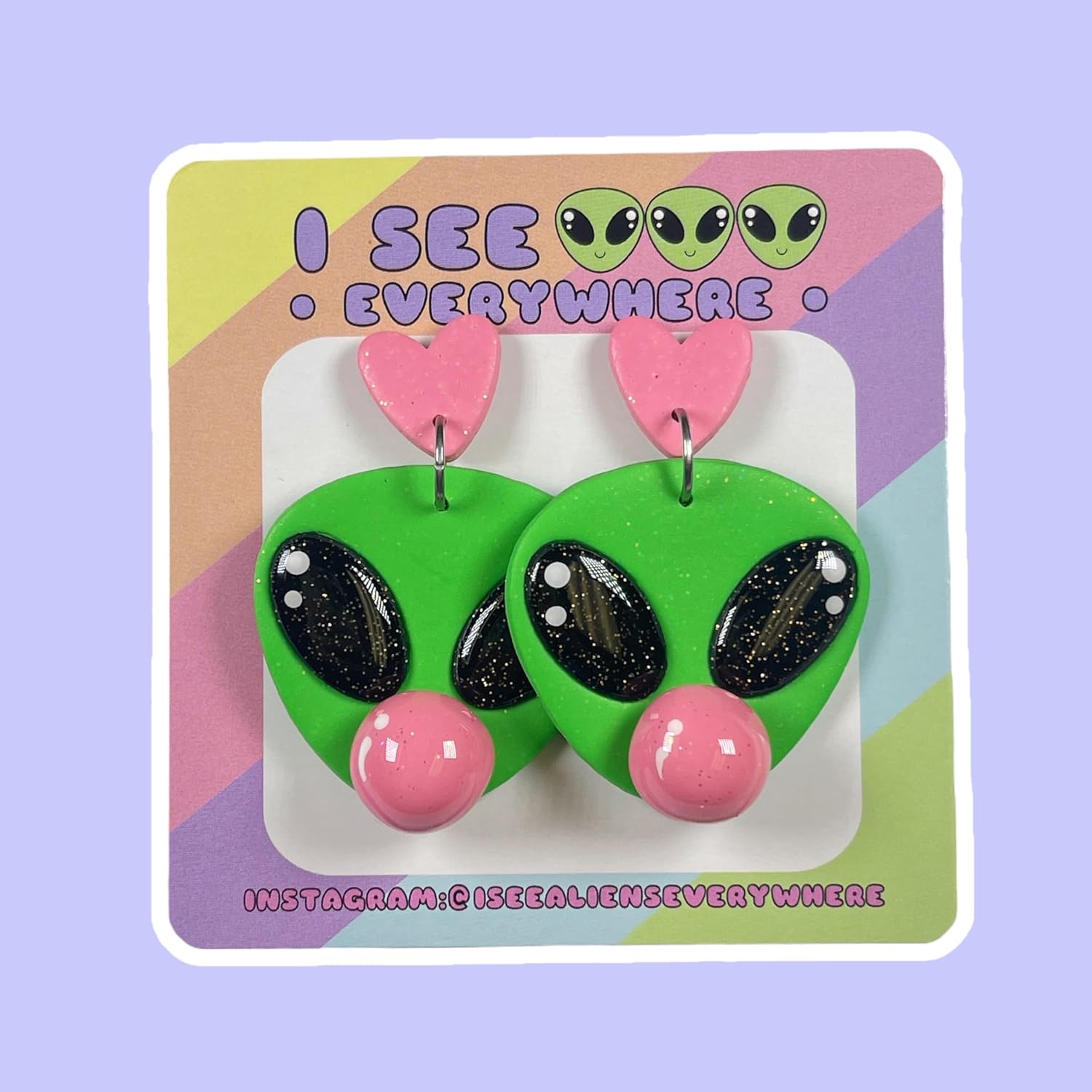 Handmade Alien Head Earrings with Pink Bubblegum Bubbles, Cute Dangle Earrings for Women, Polymer clay.