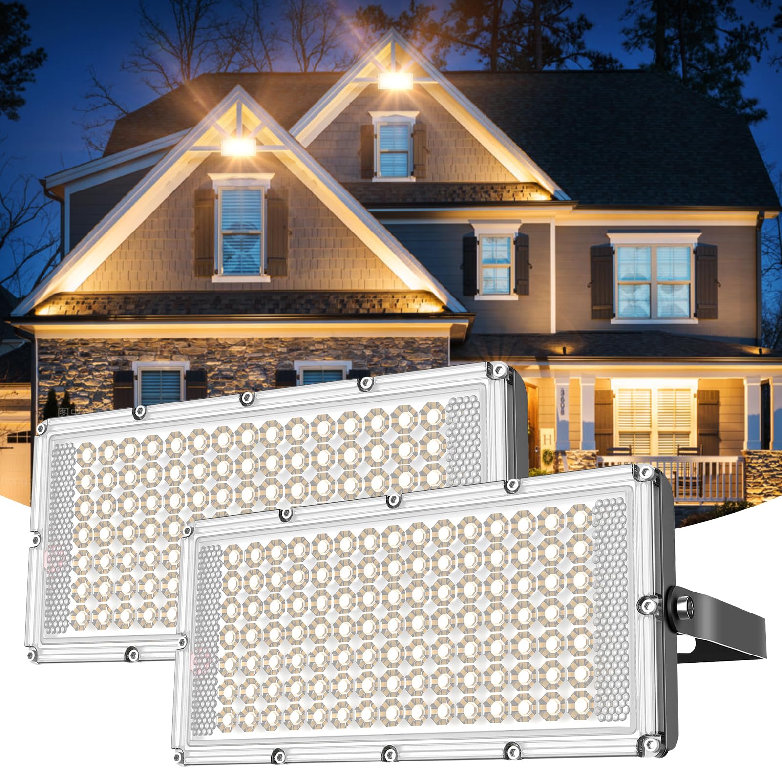 Viugreum 2 Pack 100W Outdoor LED Floodlight, IP66 Waterproof Spotlight Security Light, Super Bright 8000lm Worklight Wall Light for Yard, Garden, Garage, Hallway,3200K Warm White