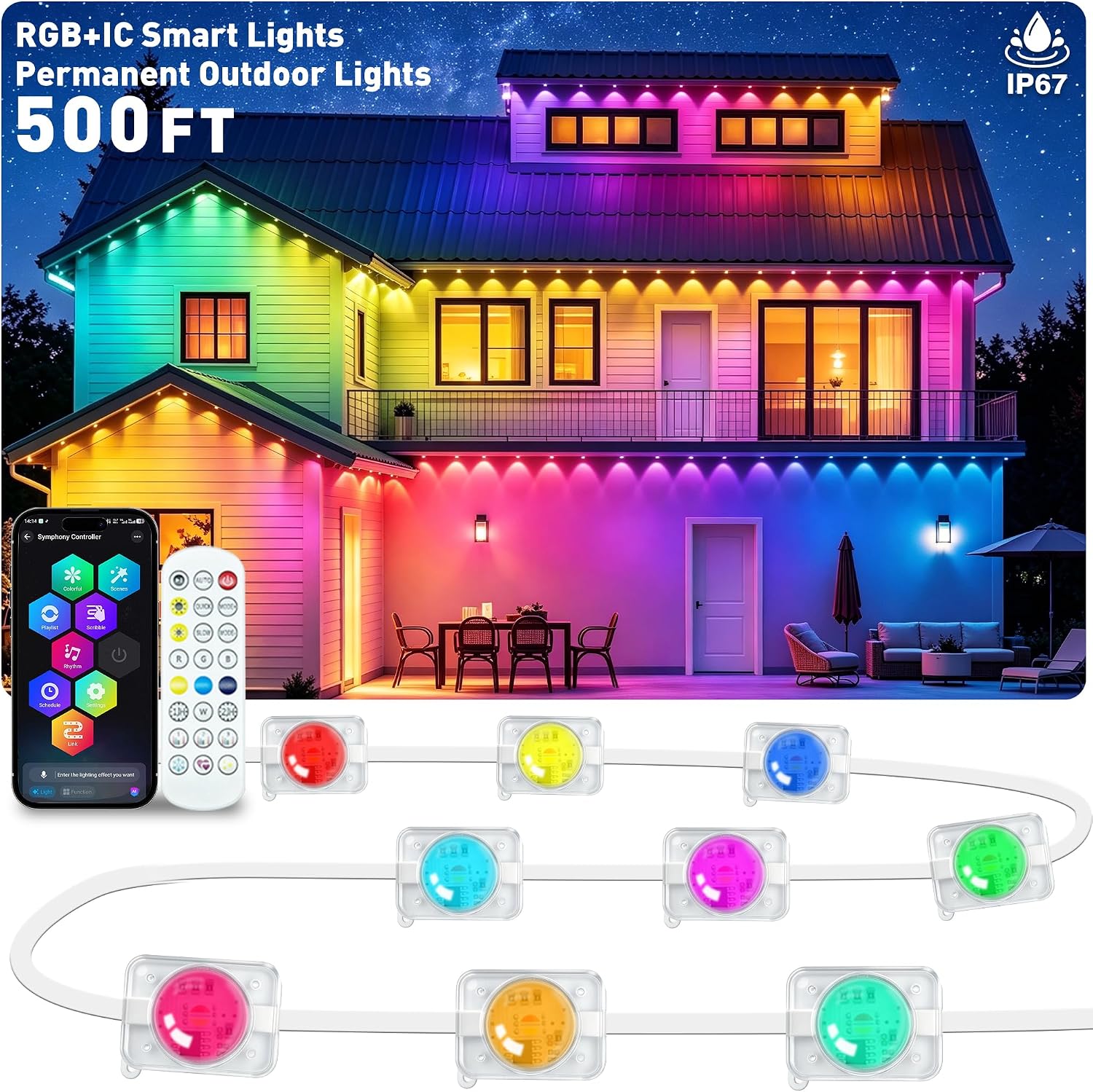 500FT Permanent Outdoor Lights,RGB+IC App ControlRemote, IP67 Waterproof Lighting,Outdoor Lights for Outdoor Decor,Garden Decor,House,Party,Holiday,Smart