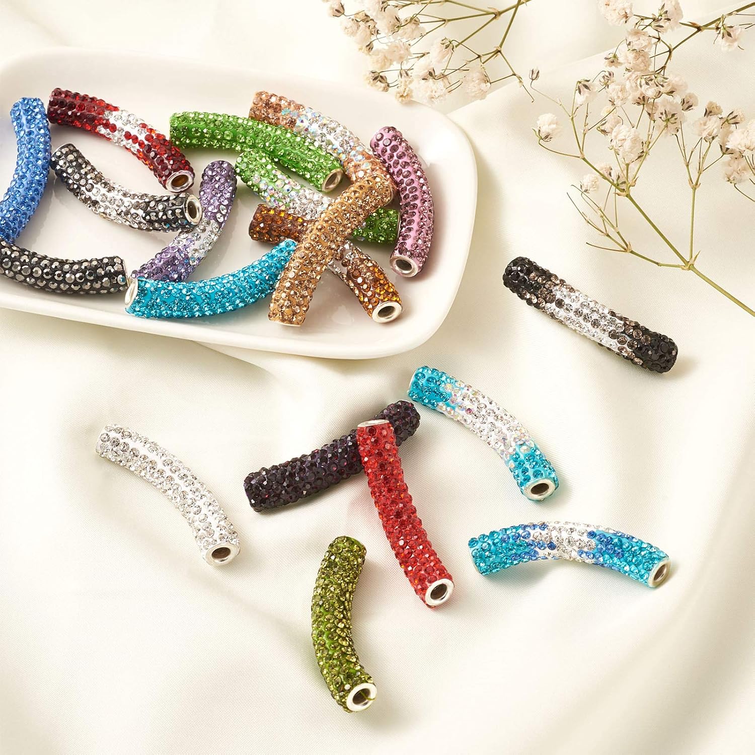 Fashewelry 20Pcs Crystal Rhinestone Curved Tube Beads Mixed Colors Large Hole Long Tube Spacer Charm Beads for Bracelet Necklace Jewelry Making, 45-47x9mm, Hole: 4mm