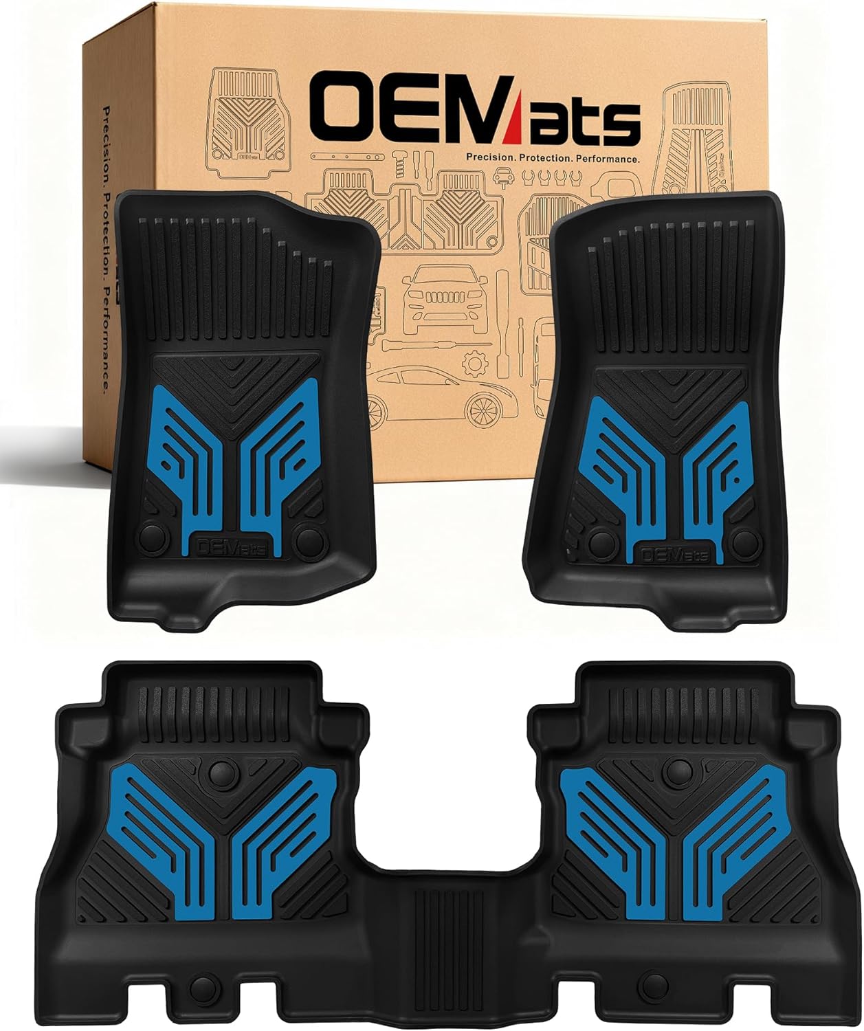 Premium Color TPE Floor Mats for Jeep Wrangler JL 2018-2026 4 Door Gas/MHEV Type (Not Fit for JK or PHEV) | Hydro Blue Wing Design | All-Weather Car Floor Liners Full Set 1st & 2nd Row Mats