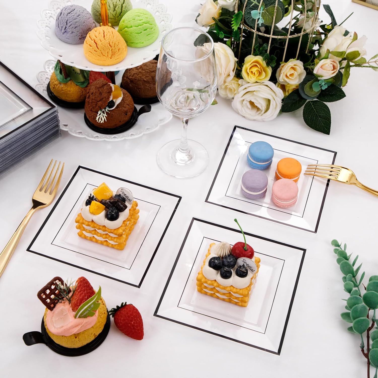 bUCLA 100PCS Black Square Plastic Plates Disposable - 6 inch Clear and Black Dessert/Cake Plates - Premium Hard Square Small Appetizer for Party, Halloween & Graduation