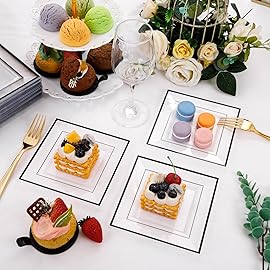 bUCLA 100PCS Black Square Plastic Plates Disposable - 6 inch Clear and Black Dessert/Cake Plates - Premium Hard Square Small Appetizer for Party, Halloween & New Year