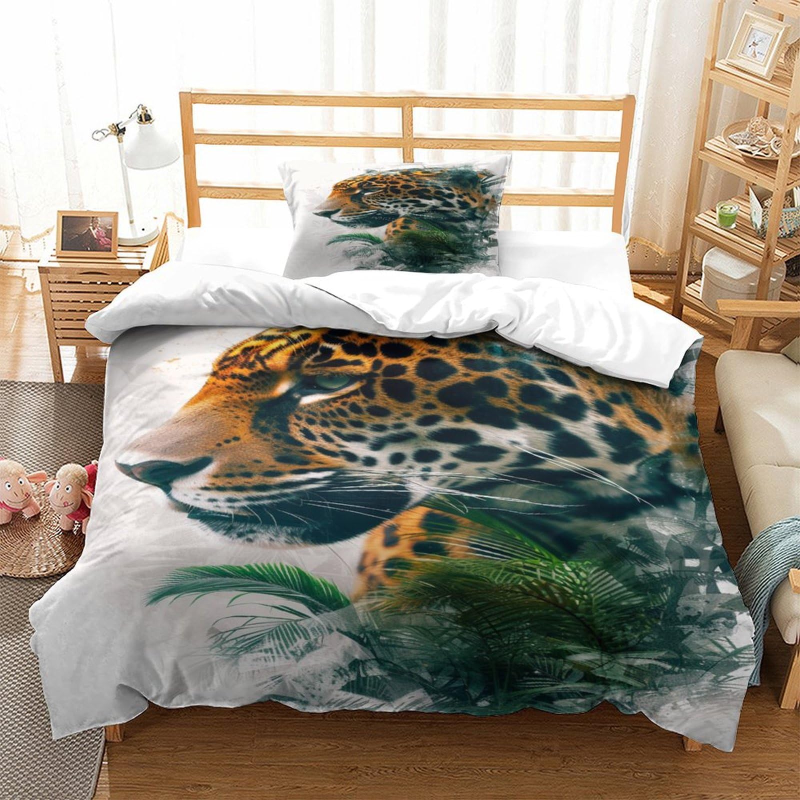 P1s9u7w5y Jaguar-6 Wildlife Design 3D Printed Leopard Duvet Cover Set 3Pcs Microfiber Forest Theme Bedding Set Single（135X200cm）