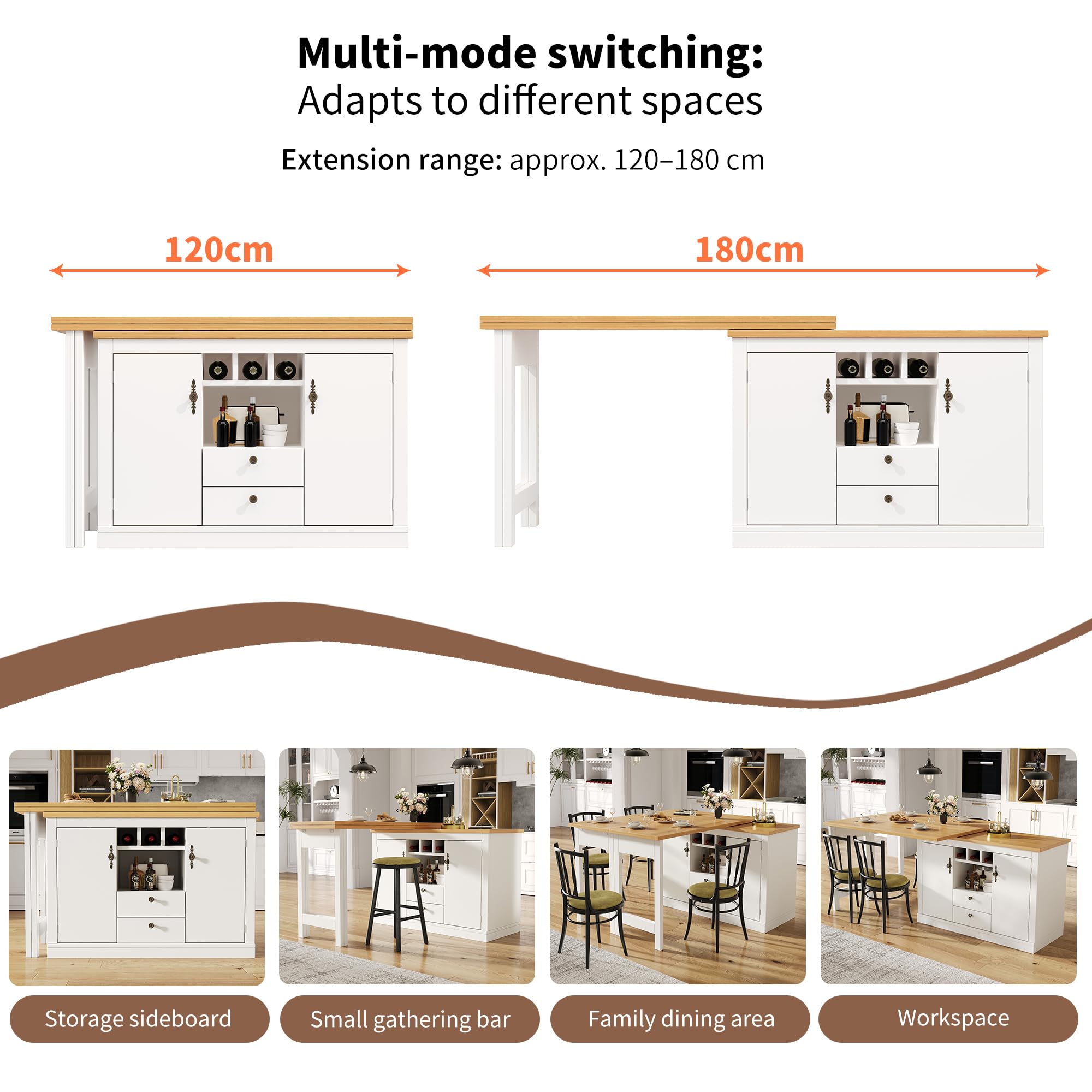 Sapgaks Table de Bar Extensible avec Rangement et Rotation à 360°, Table à Manger Longueur Réglable de 120 à 180 cm, Desserte Îlot de Cuisine Buffet pour Salon Salle à Manger Bureau à Domicile, Blanc
