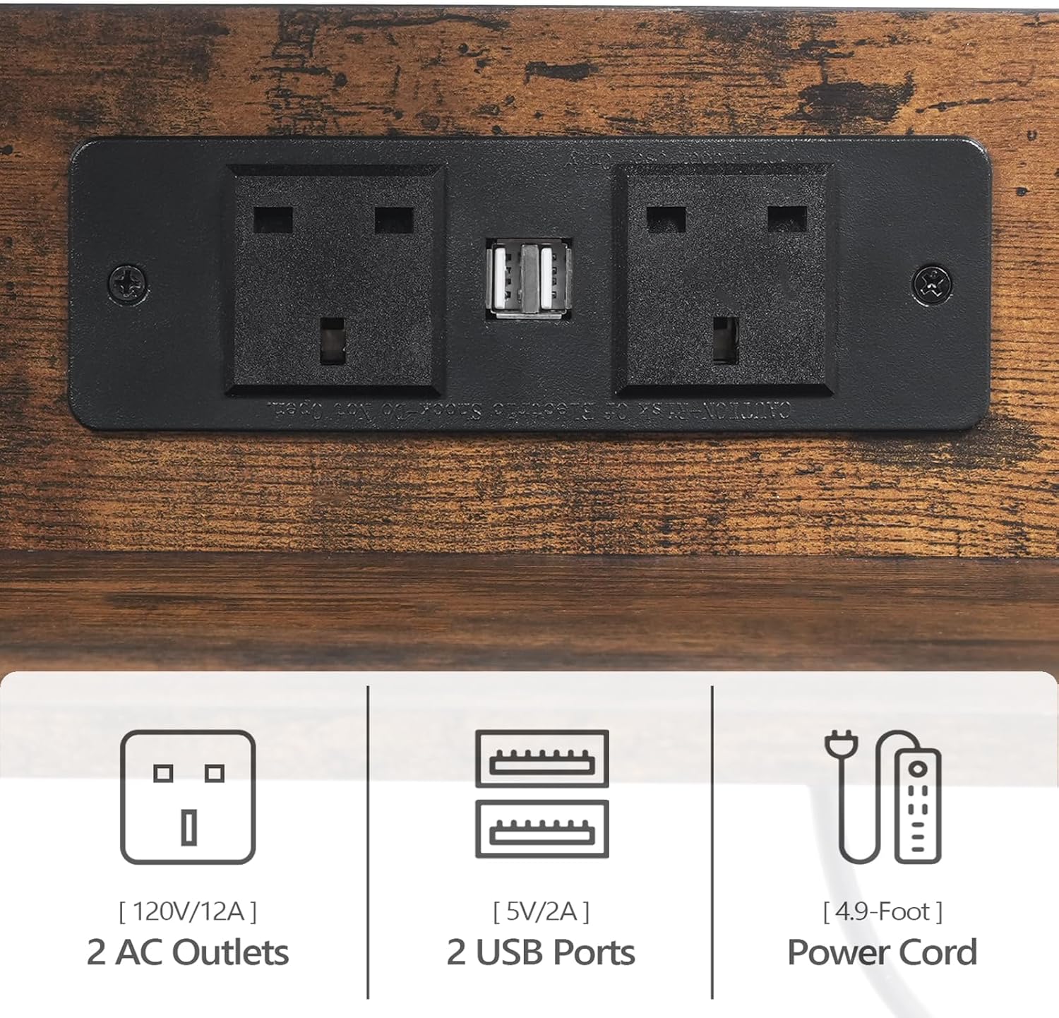 Close-up of the integrated power outlets and USB ports on the MAHANCRIS APTHR40KE01 Printer Cart