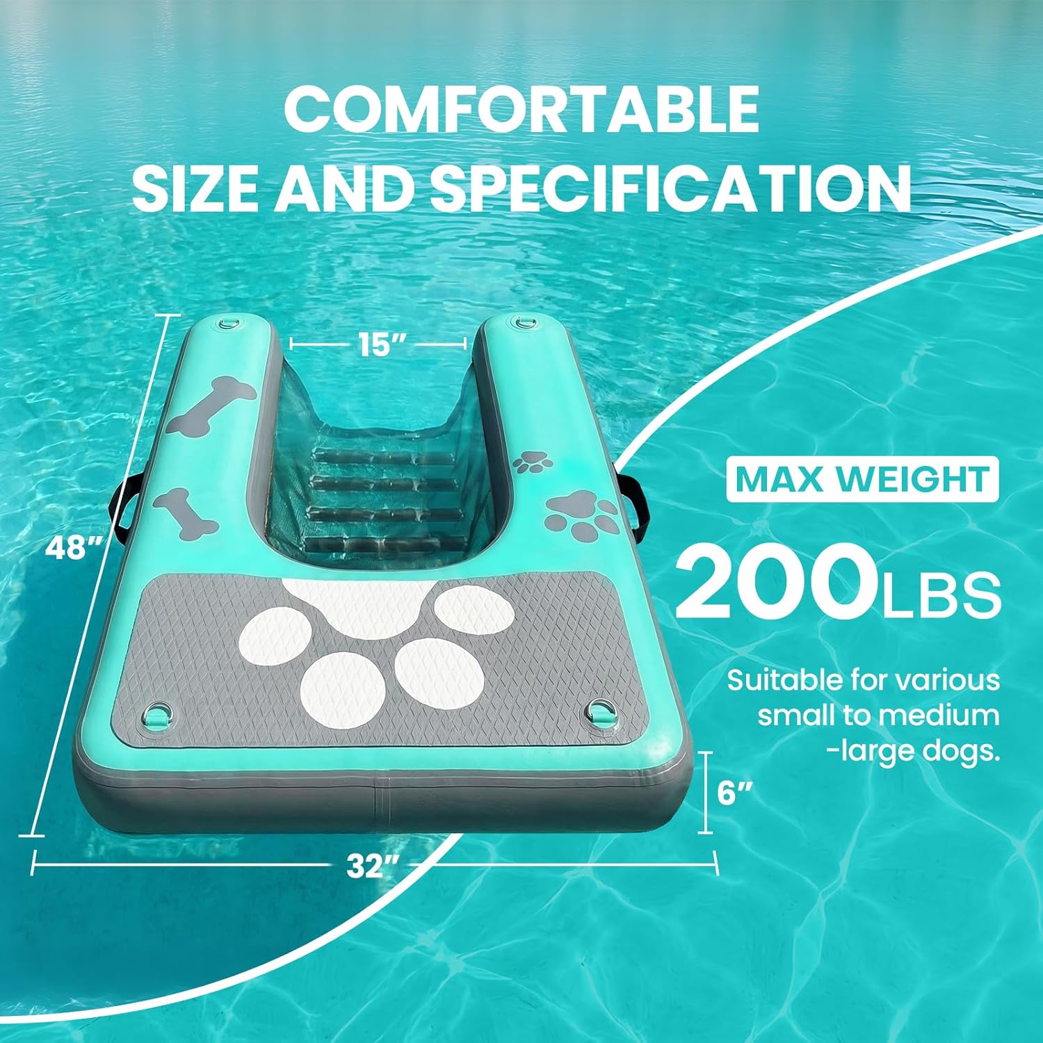 SOLAVERO Dog Water Ramp for Pool, Boat & Lake, Inflatable Dog Dock Pup Plank Pool Ladder Up to 200 lbs, Safe & Easy Access Floating Ramp Steps for Pets with Anti-Slip EVA, Green