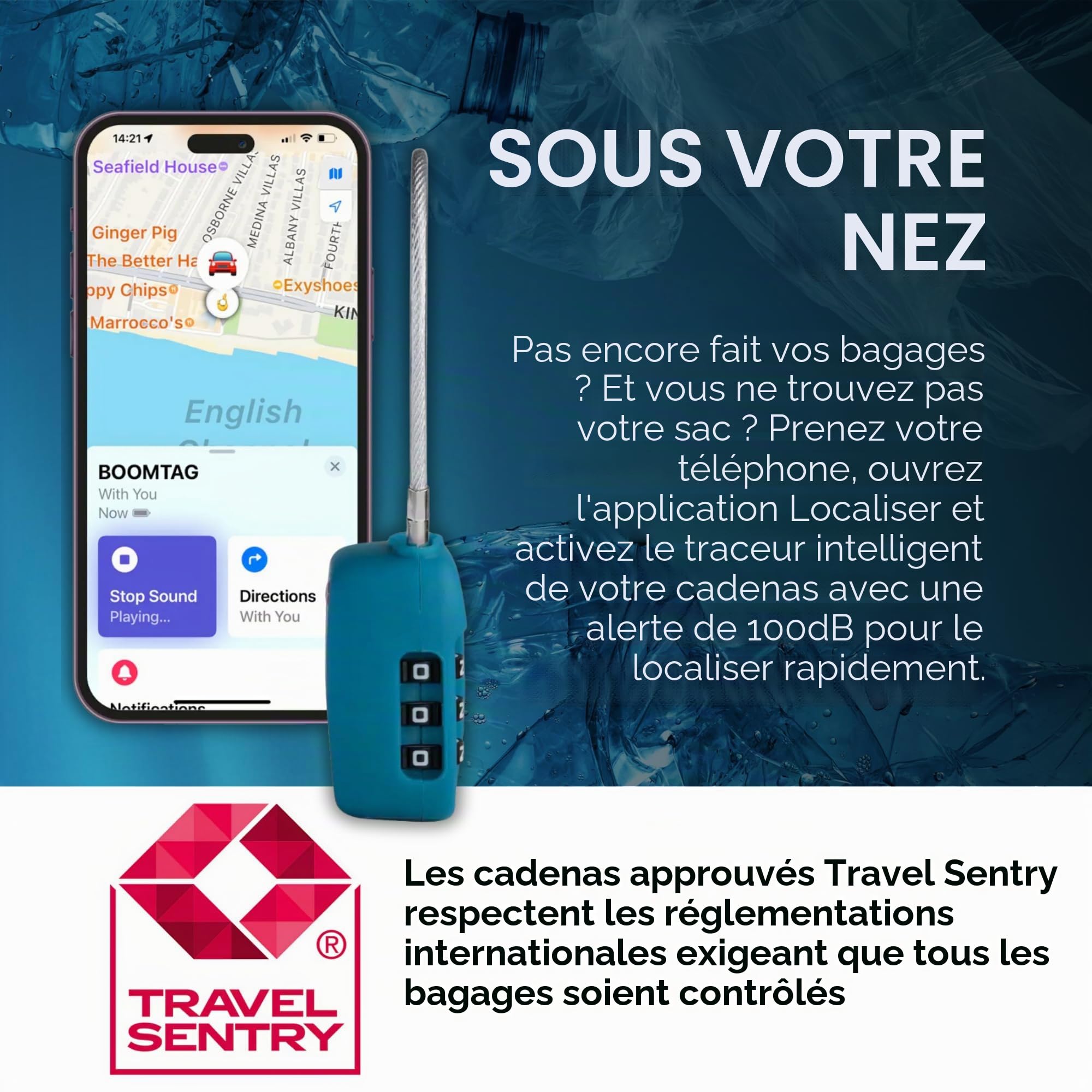 Boompods Cadenas Valise avec Fonction de Localisation - Cadenas Connectée avec Traceur Compatible avec Apple Find My App, Verrou Intelligent TSA pour Valise et Bagages, Batterie Rechargeable - Noir