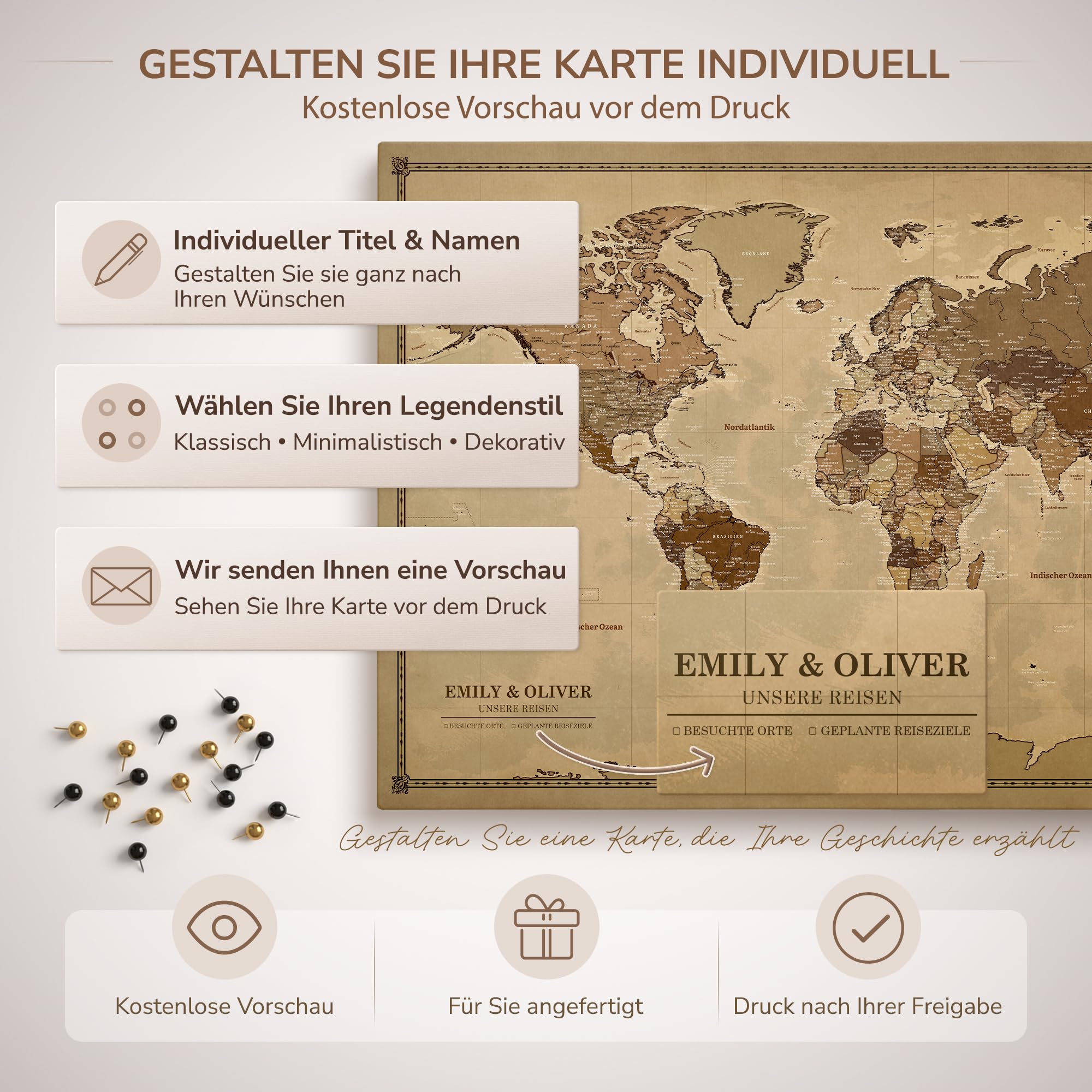 Generisch Personalisierbare Leinwand aus Weltkarte Motiv mit Rückwand-Pinnwand, perfekt für Reisende und als Wanddekoration, Dekorative Leinwandbilder, inkl. 100 Pins (Design 3, 120x80cm)