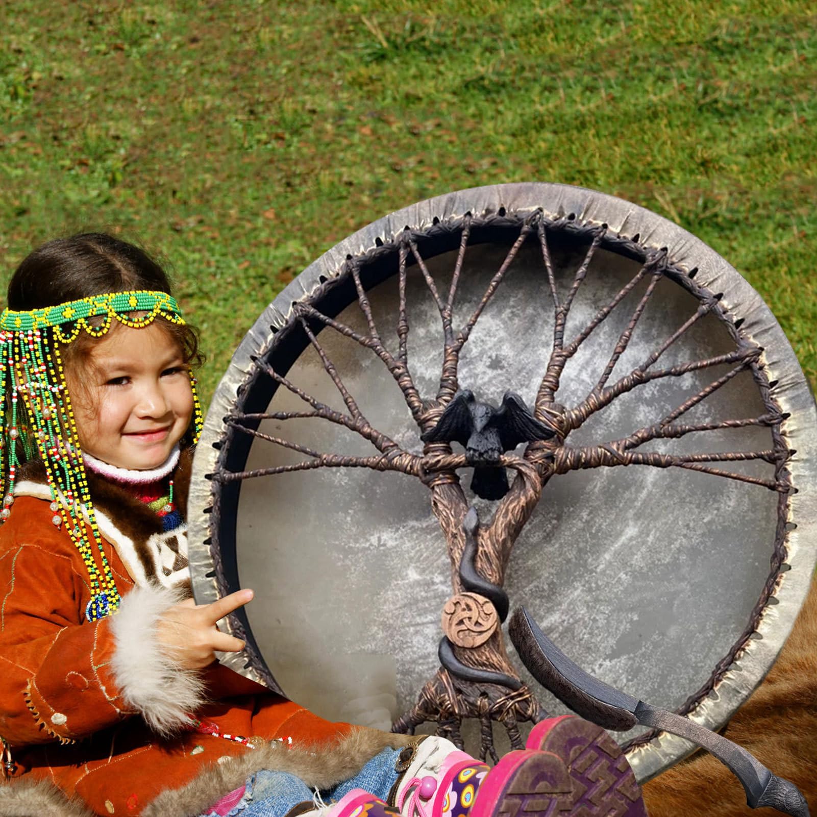 Schamanen-Drum - Tribal Instrument | Handgemachtes Schamanisches Ritual Percussion Tool, des Lebens Drum mit Schlagzeuger für Meditation spirituelle Denktherapie Zauber