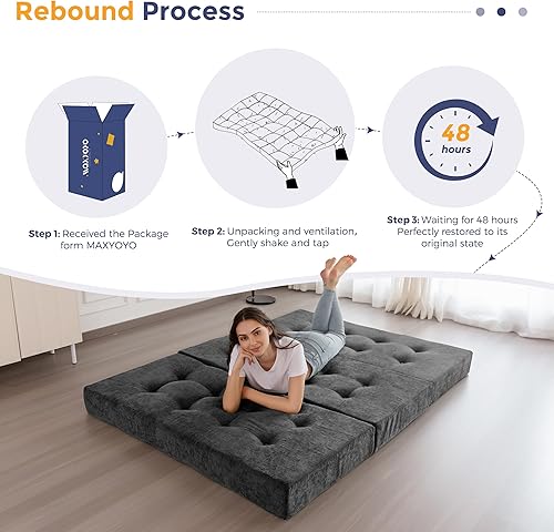 Miniatura 8 de MAXYOYO Colchón plegable de tres pliegues, colchón plegable copetudo de 6 pulgadas con tela de felpilla, tapete portátil de tamaño matrimonial para