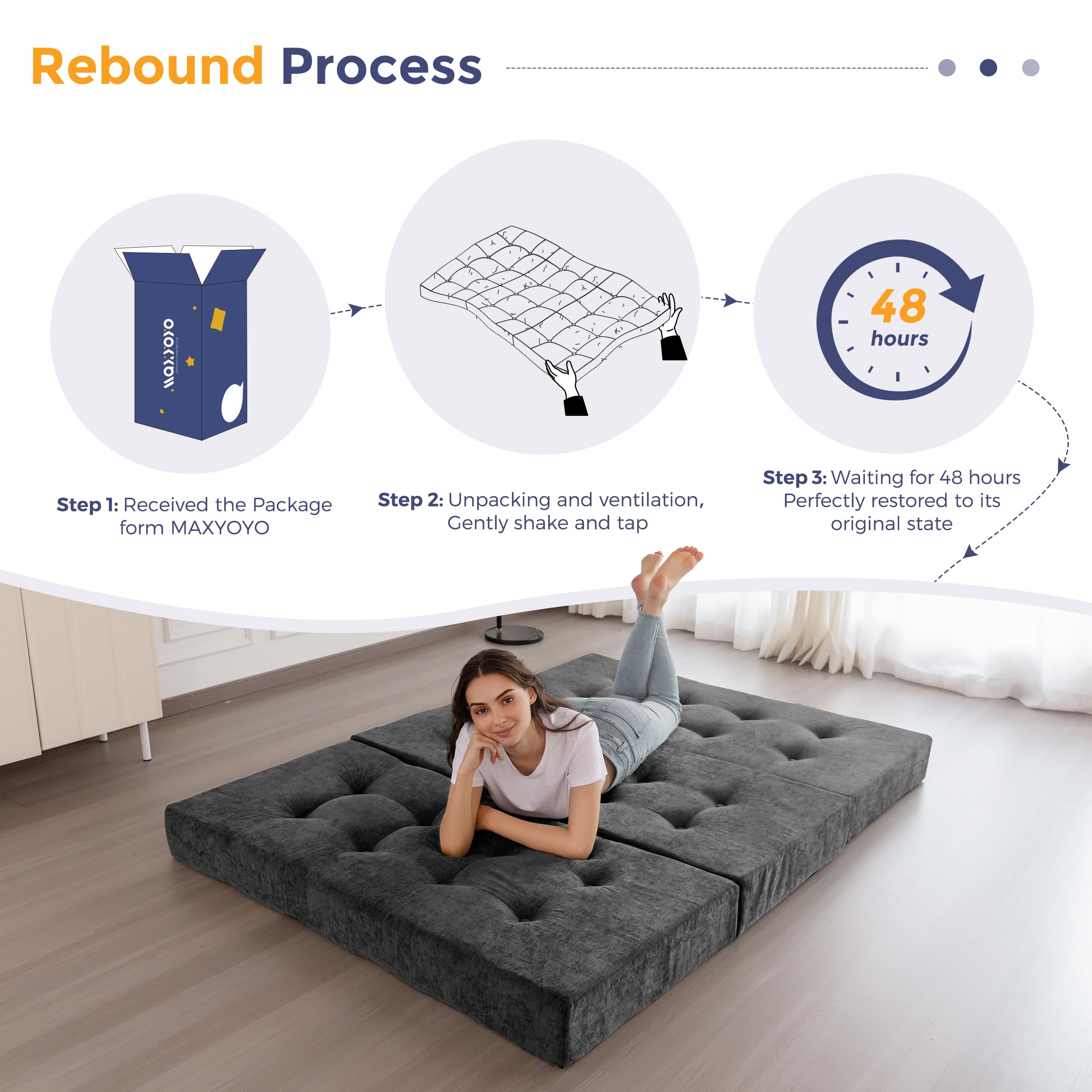 MAXYOYO Matelas Pliant 15 cm Célibataire, Confortable de avec Tissu Chenille, Canapé-Lit de Futon à Trois Fois pour Invité, Topper Sol pour Le Camping.