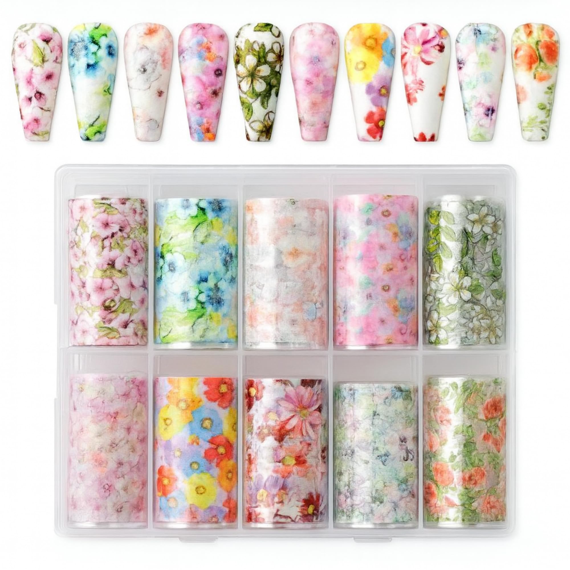 Huda Girl Holographic Flower Nail Foil Transfer Stickers Set - 10 Sheets Nail Art Kit for Women & Girls, Colour full DIY Nail Art Sticker Decorations, Nail Sticker Accessories