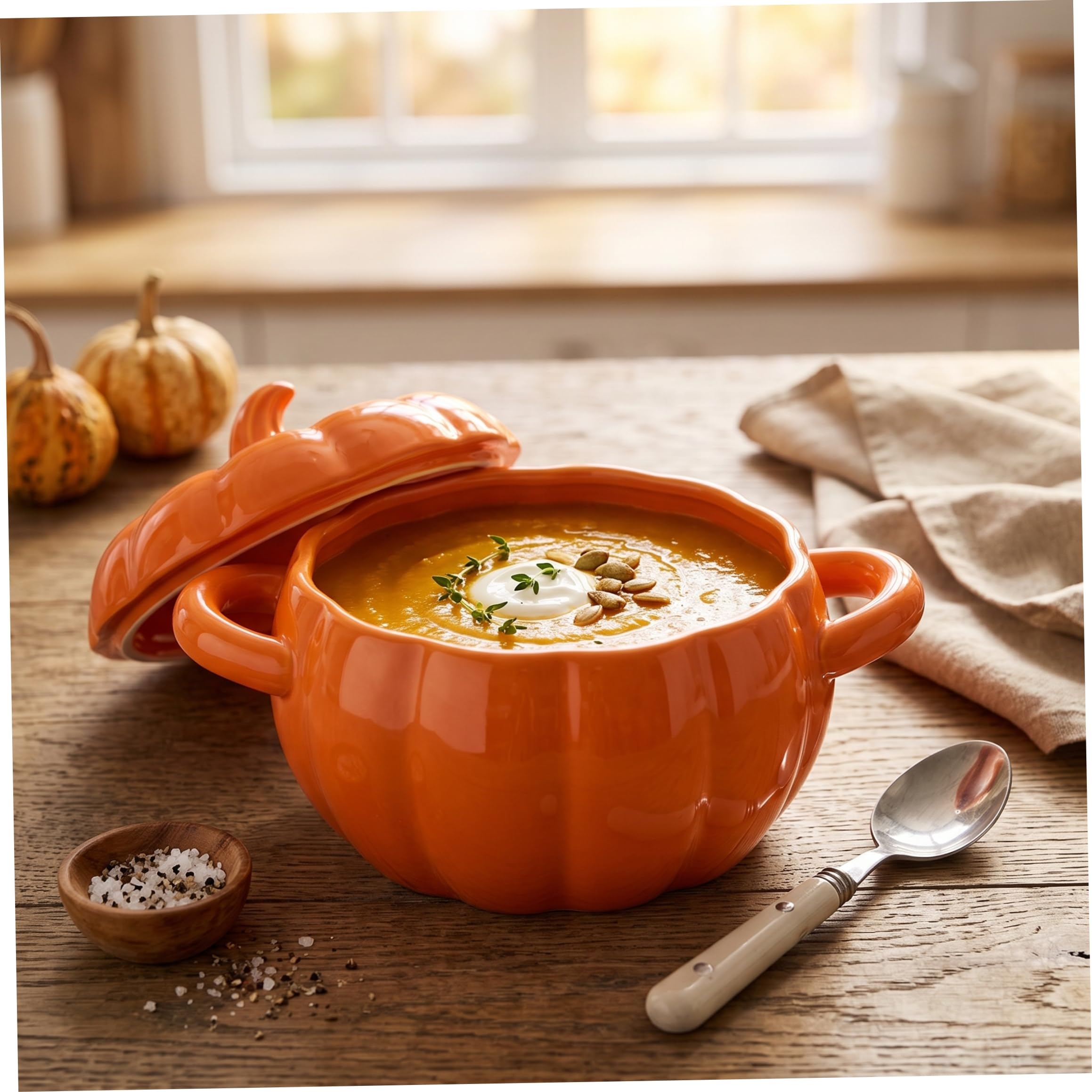 Dutch Ovens, Keramikschüssel mit Deckel, kürbisförmige Suppenschüssel mit Griffen zum Brotbacken, Schmoren, Suppenkochen, Orange