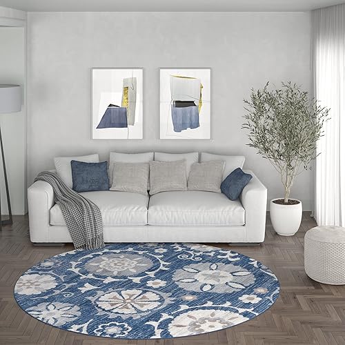 Tayse Alfombra redonda moderna azul marino de 5.9 ft, alfombra de área para interiores, sala de estar, comedor, dormitorio, cocina, entrada,
