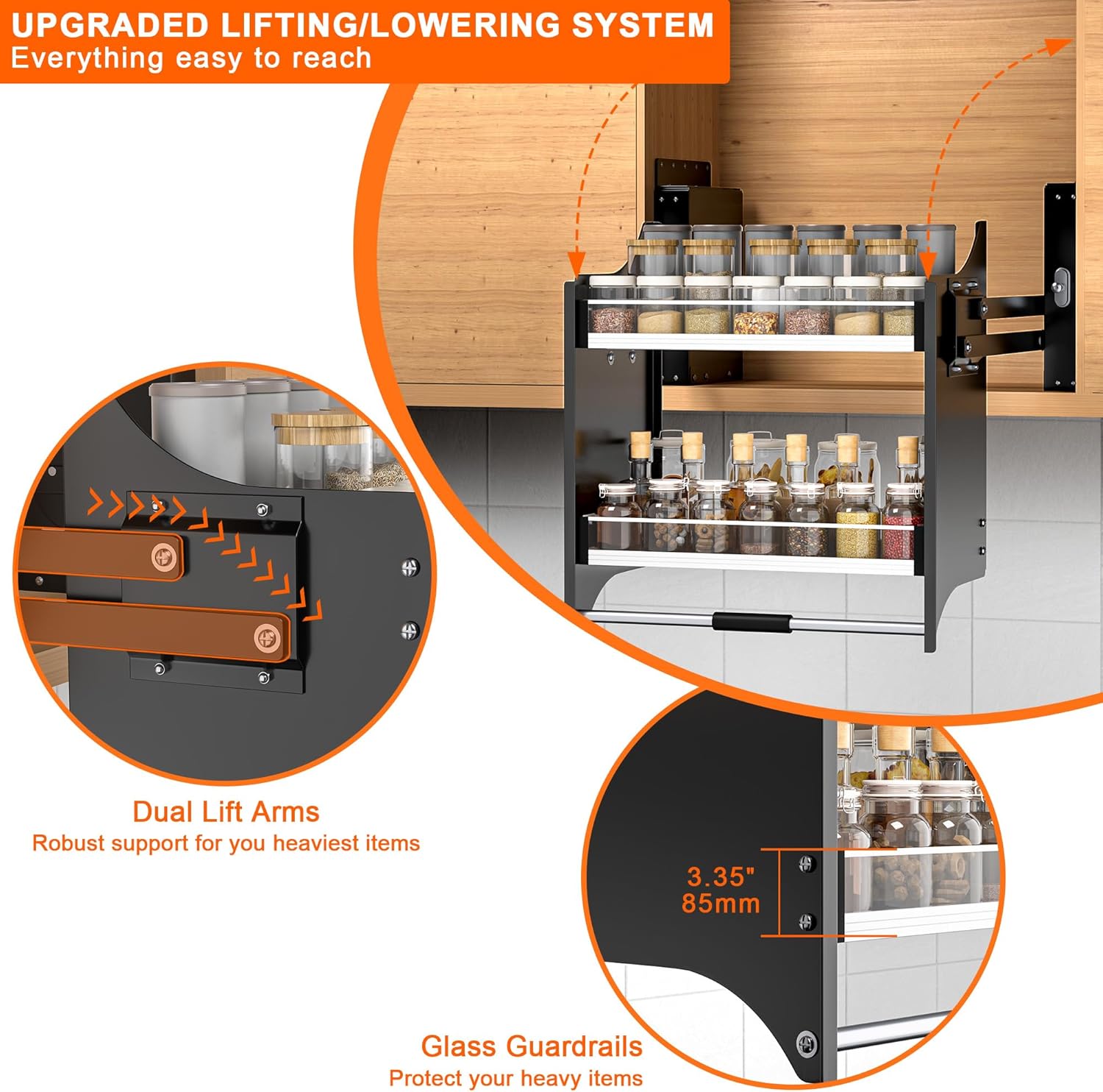 Pull Down Shelf,2-Tier Organizer for Upper Cabinets - Fits 22-24 Inch Wide Upper Cabinets, Heavy Duty Chrome Steel, Space Saving Storage Solution,Black