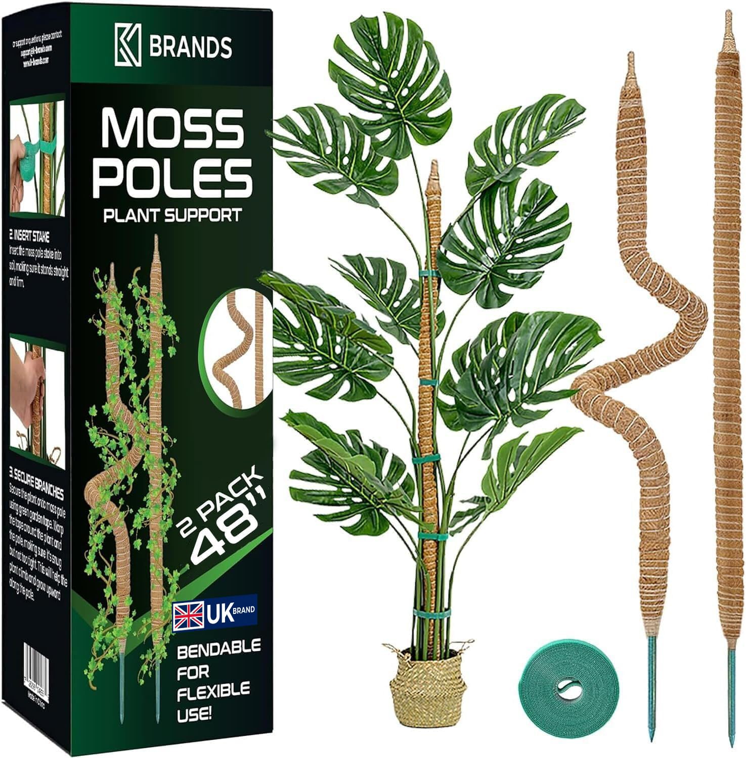 K-Brands Moss Pole (2 Pack, 122 cm/48 In/ 4 ft) - Bendable Monstera Plant Support - Cheese Plant Support Pole Sticks - Moss Poles for Climbing Plants - Plant Stakes Indoor with Ties