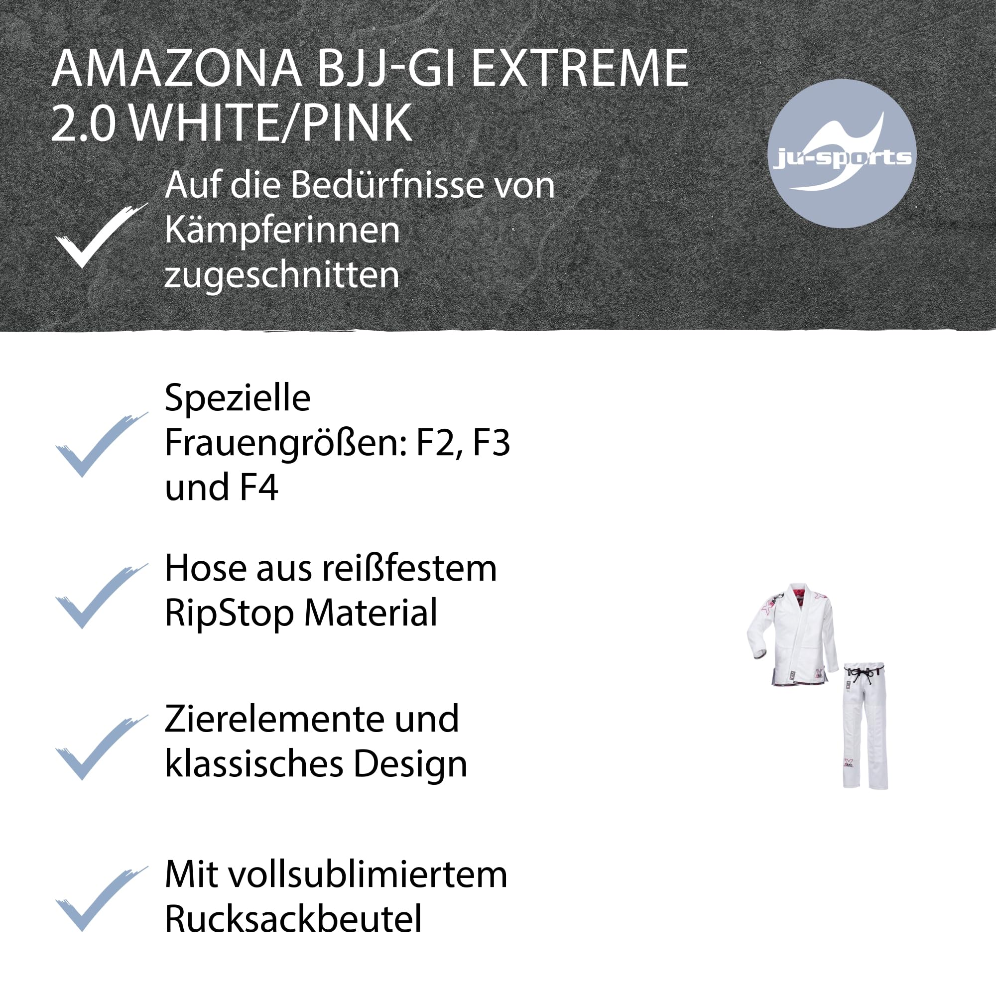 Ju-Sports Amazona BJJ-Gi EXTREME 2.0 White/pink Girl I Erstklassiger Brazilian Jujutsu Anzug speziell für Kinder nach Vorgaben der JJIF I 100% Baumwolle