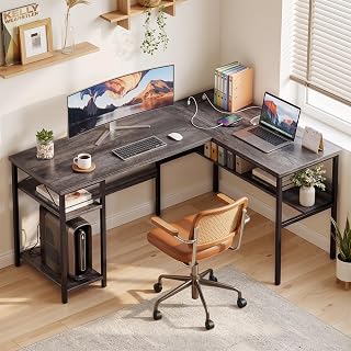 L Shaped Desk with Power Outlets, Reversible Computer Desk, 74 Inch Long Desk with Storage Shelf & Adjustable CPU Stand, Corner Desk for Home Office, Study, Gaming, Grey