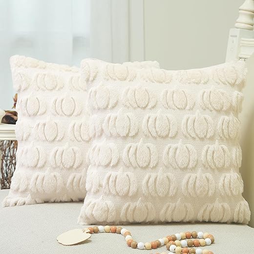 GEEORY Fall Pillow Covers 18 x 18 Inch Set of 2, Fall Decorations Pumpkins Soft Plush Fluffy Faux Fur Wool Decorative Autumn Thanksgiving Farmhouse Cushion Case for Sofa Beige GC002-18