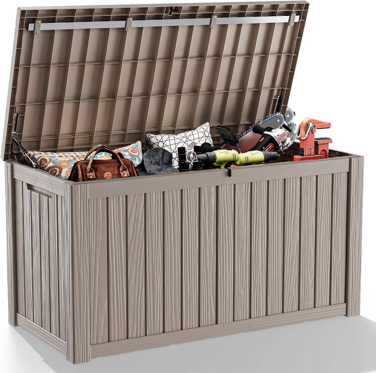 ROJIK Outdoor Storage Housing Deck Box - Waterproof Patio Furniture, Garden Tools, Cushions, Pool Accessories Storage Bench with Lockable Lid and Side Handles (Grey, 180 Gal)