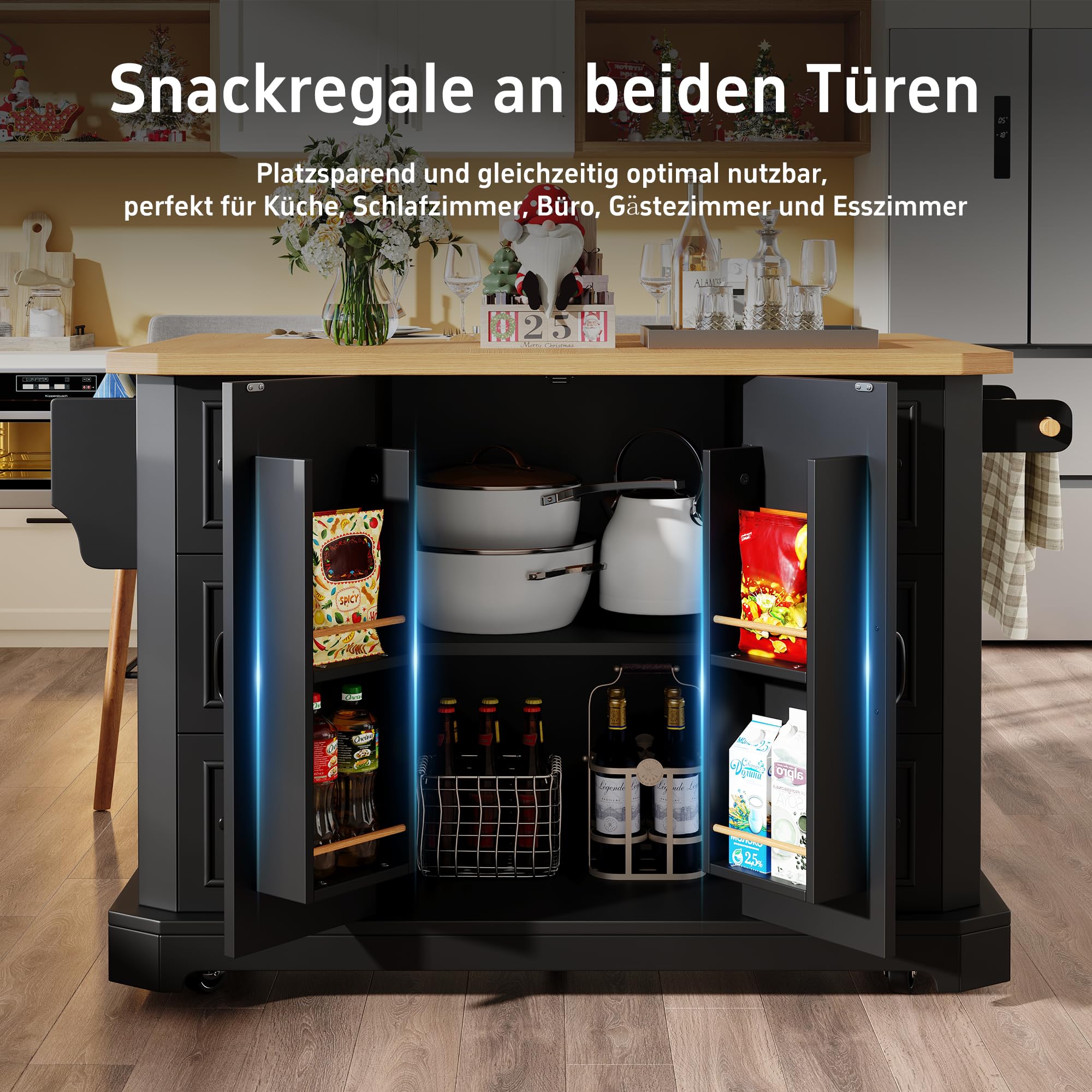 Merax Kücheninsel mit Klappbarer Arbeitsplatte, Mobiler Küchenschrank auf Rollen, Küchenwagen mit 2 Türen & 6 Schubladen, Integrierte Snack-Regale, Servierwagen für Küche & Esszimmer, Schwarz