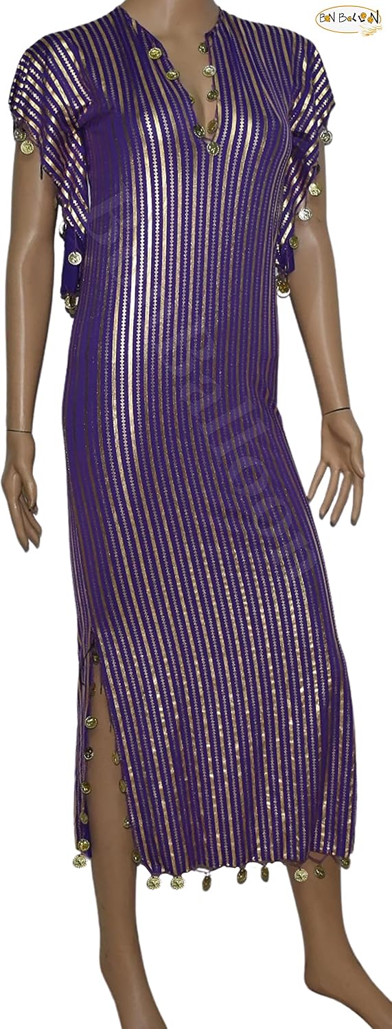 Egyptian Belly Dance Nancy Stretchy Folkloric Dancing Outfit Galabeya Oriental Abaya Dress Dresses Costume Baladi Saidi Fallahi Carnival Sequins Handmade Bellydance Women (Mauve x Gold)